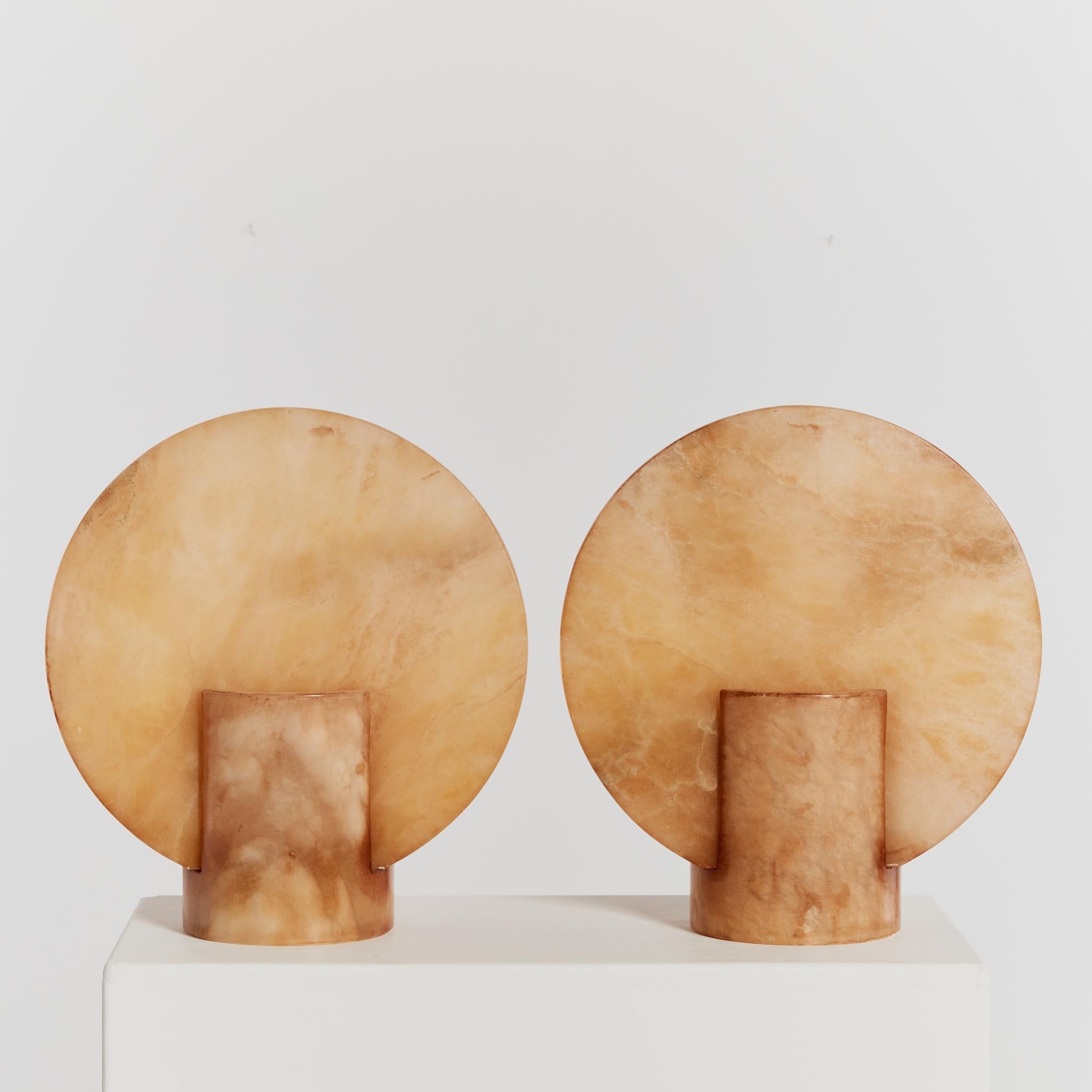 Brutalist Pair of amber alabaster disc table lamps