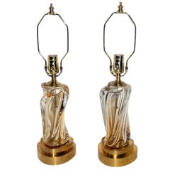 Pair of Amber and Clear Murano Glass Lamps