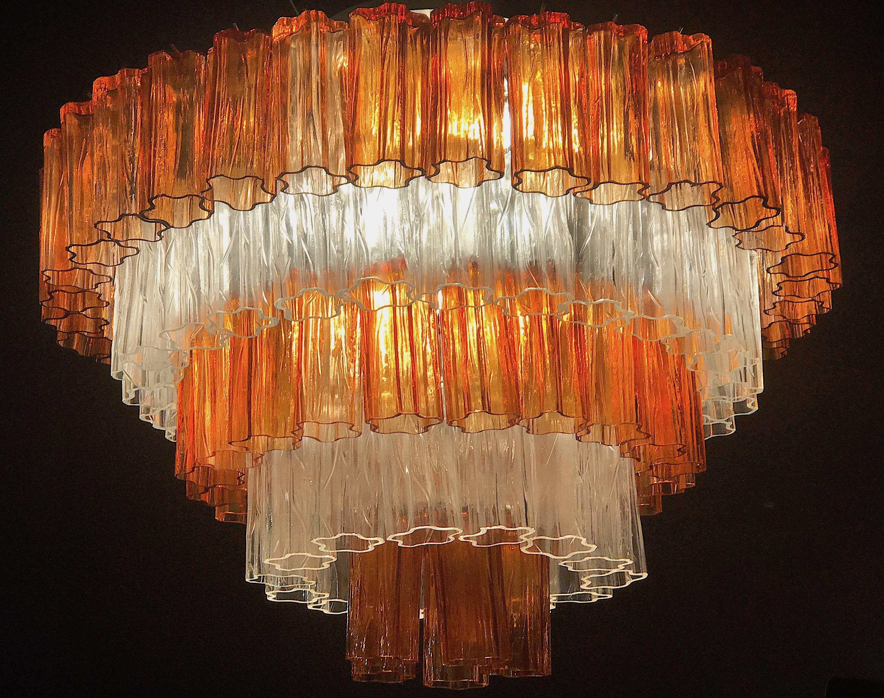 Mid-Century Modern Pair of Amber and Ice Color Murano Glass Chandelier or Flushmount, 1970 For Sale