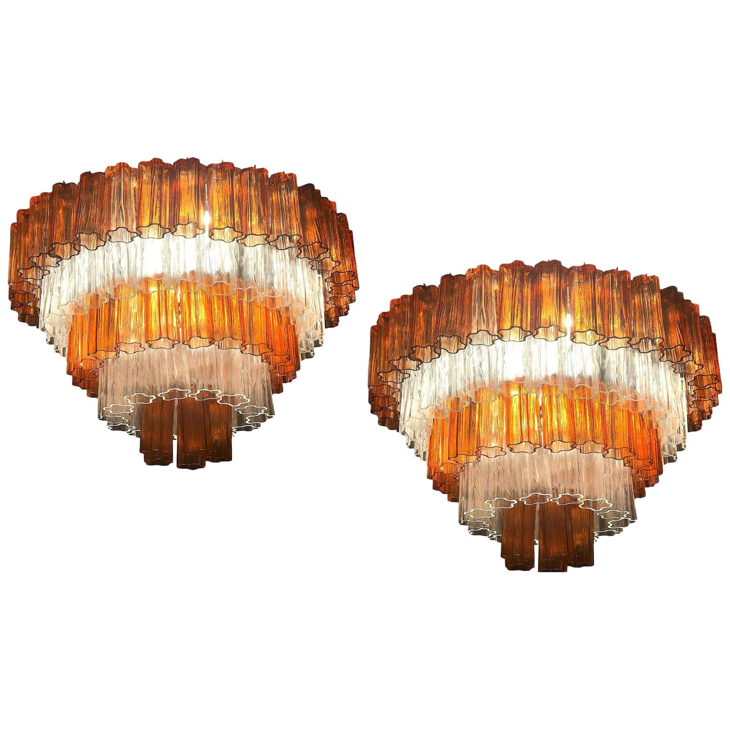 Pair of Amber and Ice Color Murano Glass Chandelier or Flushmount, 1970