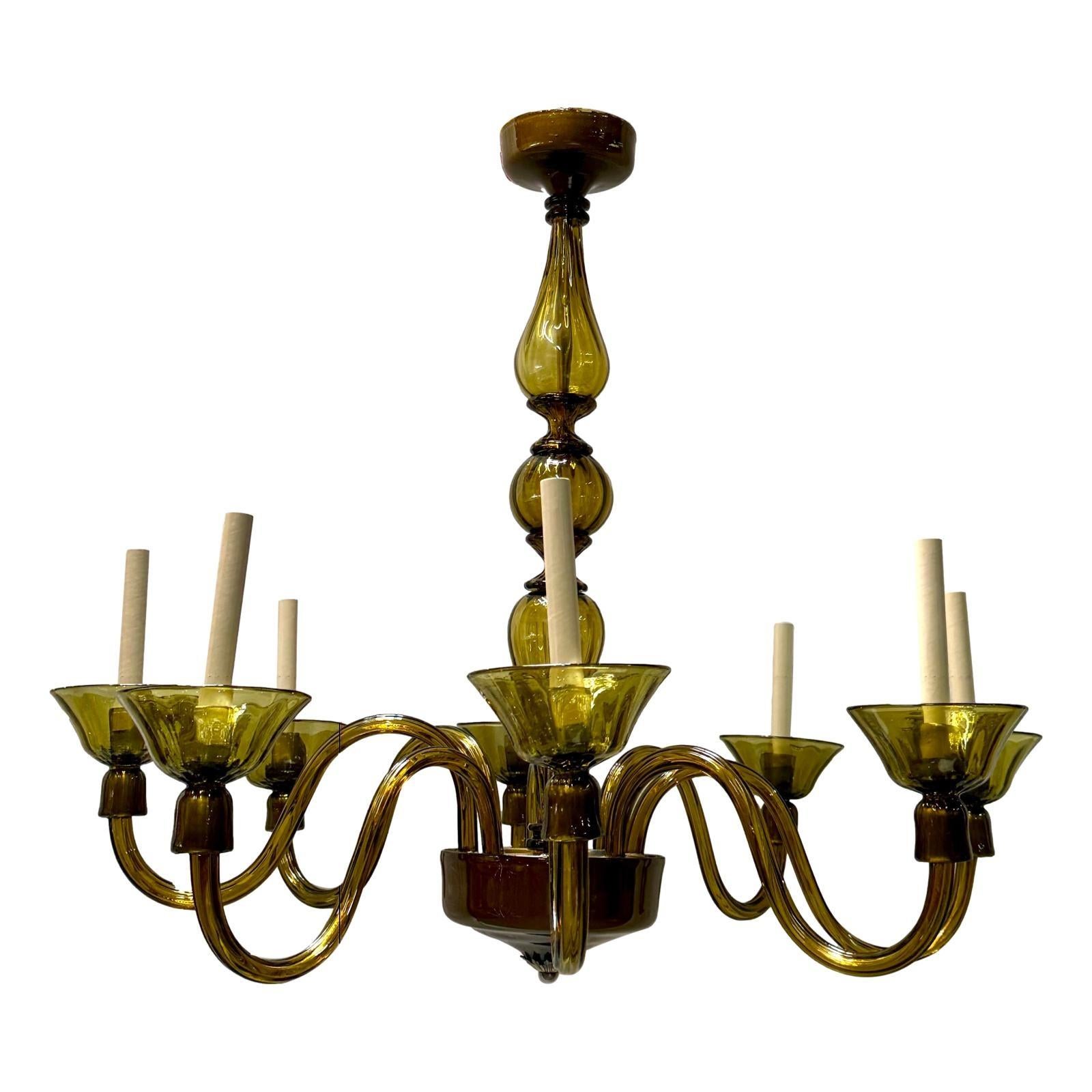 A pair of circa 1930's Italian Murano chandeliers with 8 arms. Sold individually.

Measurements:
Height of body: 35