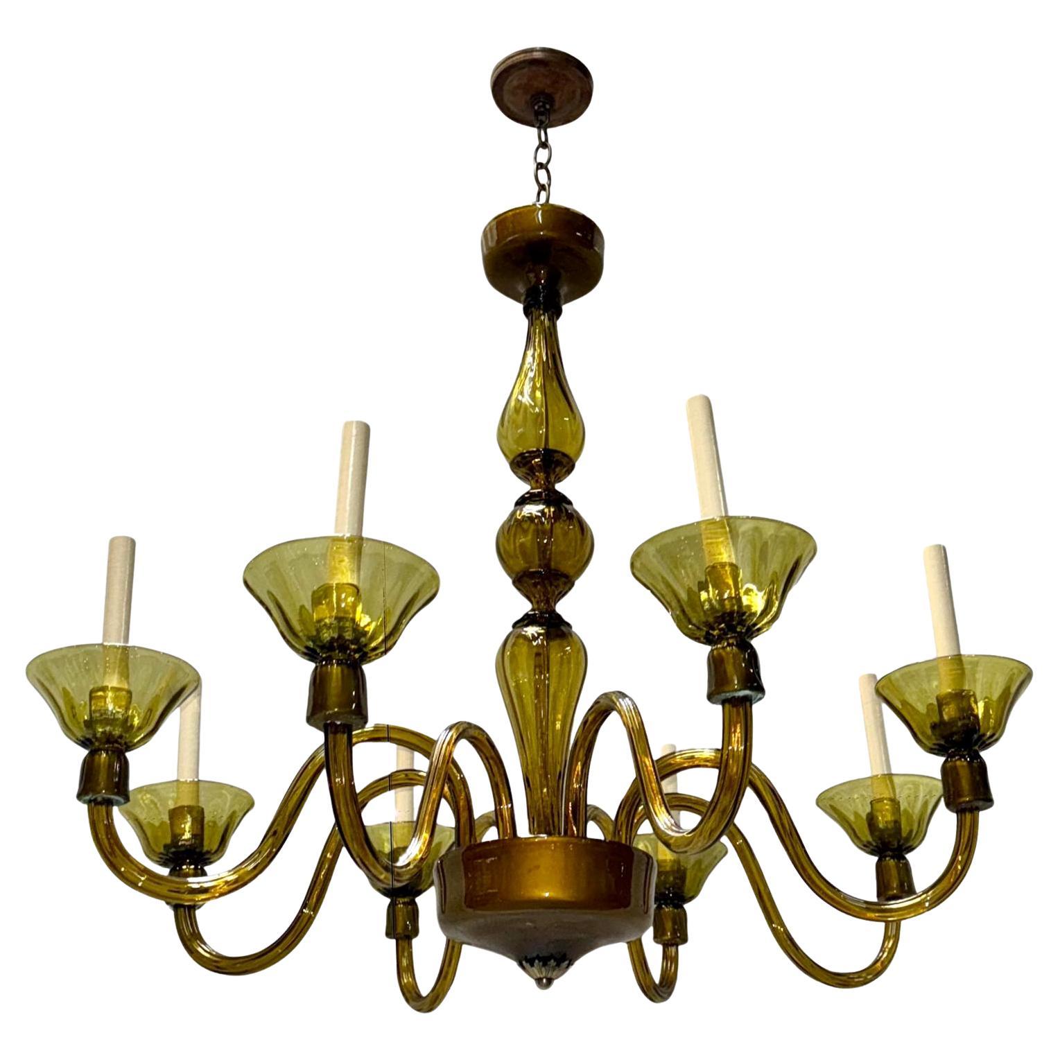 Pair of Amber Art Deco Murano Chandeliers, Sold Individually For Sale