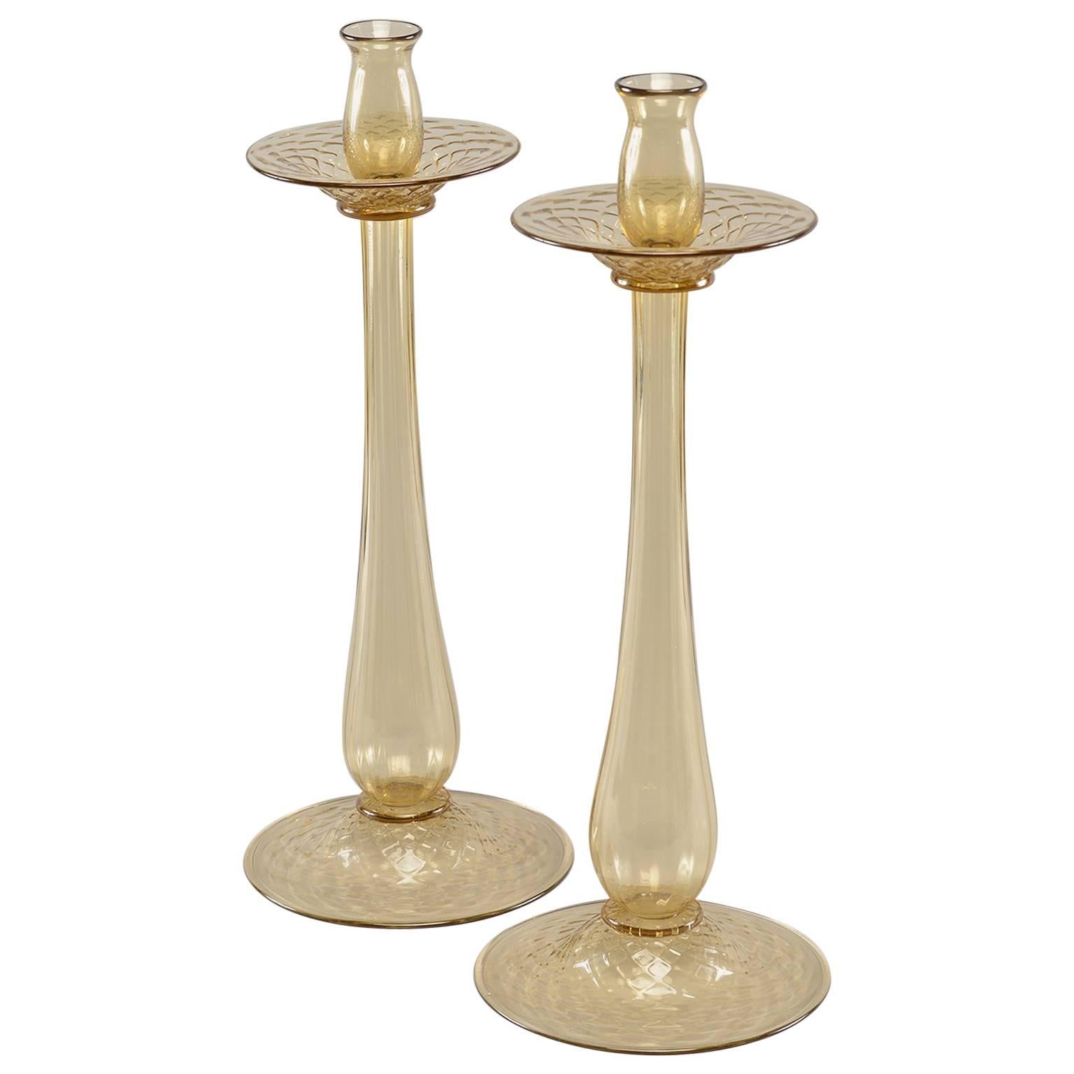 Pair of Amber Barovier and Toso Murano Glass Candlesticks