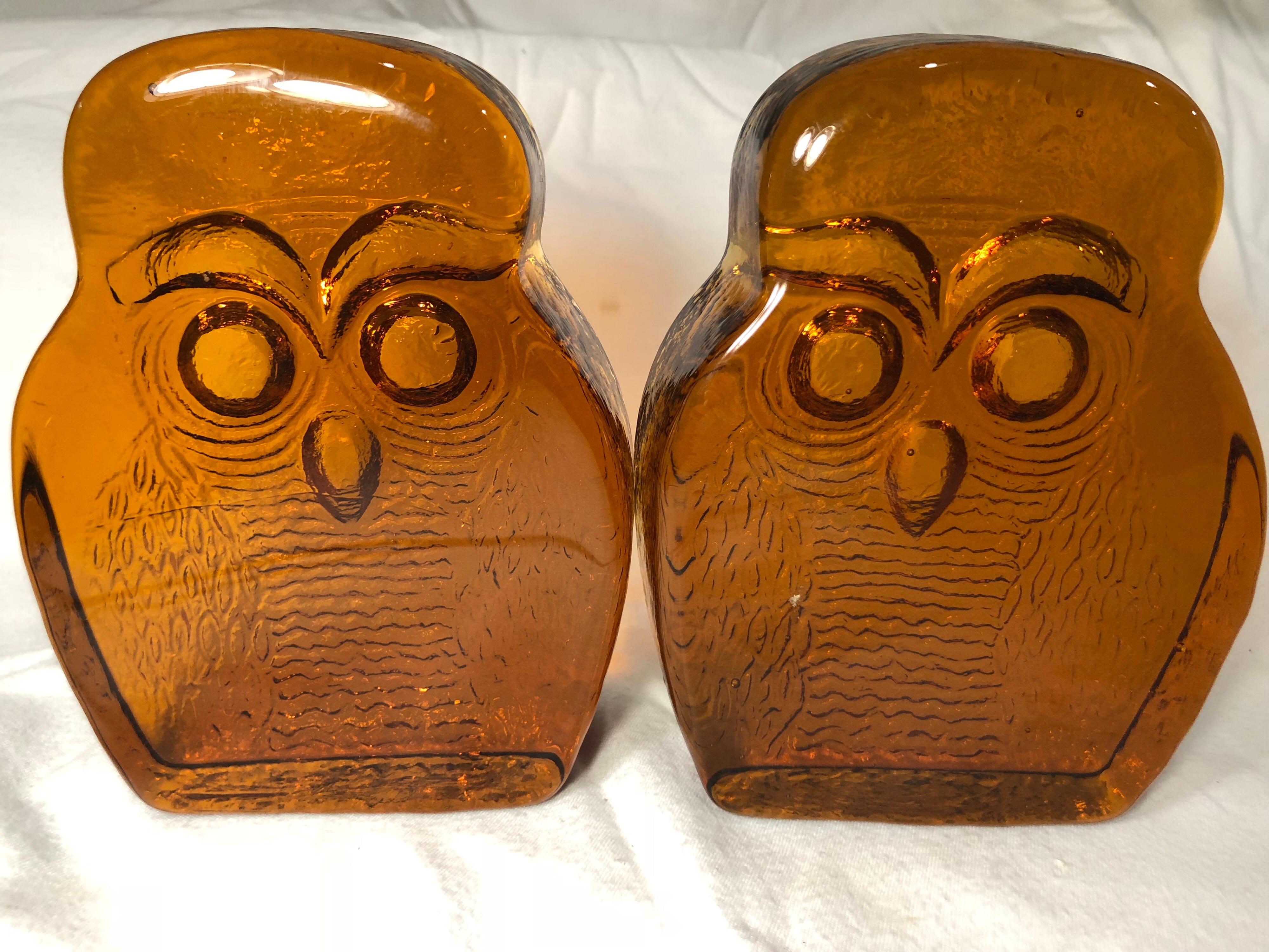 Pair of Amber Blenko Glass Owl Bookends 6