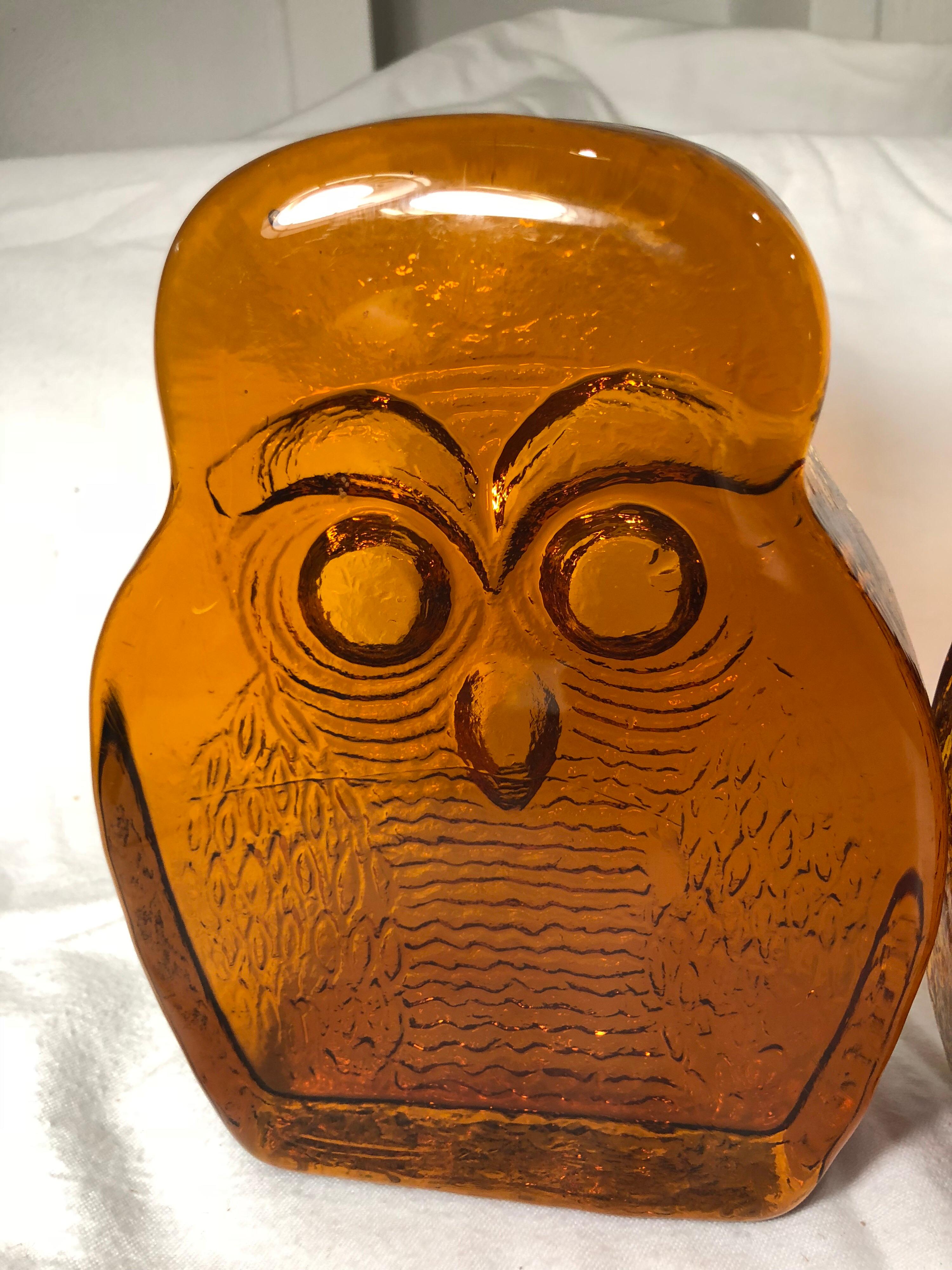 Pair of Amber Blenko Glass Owl Bookends 7