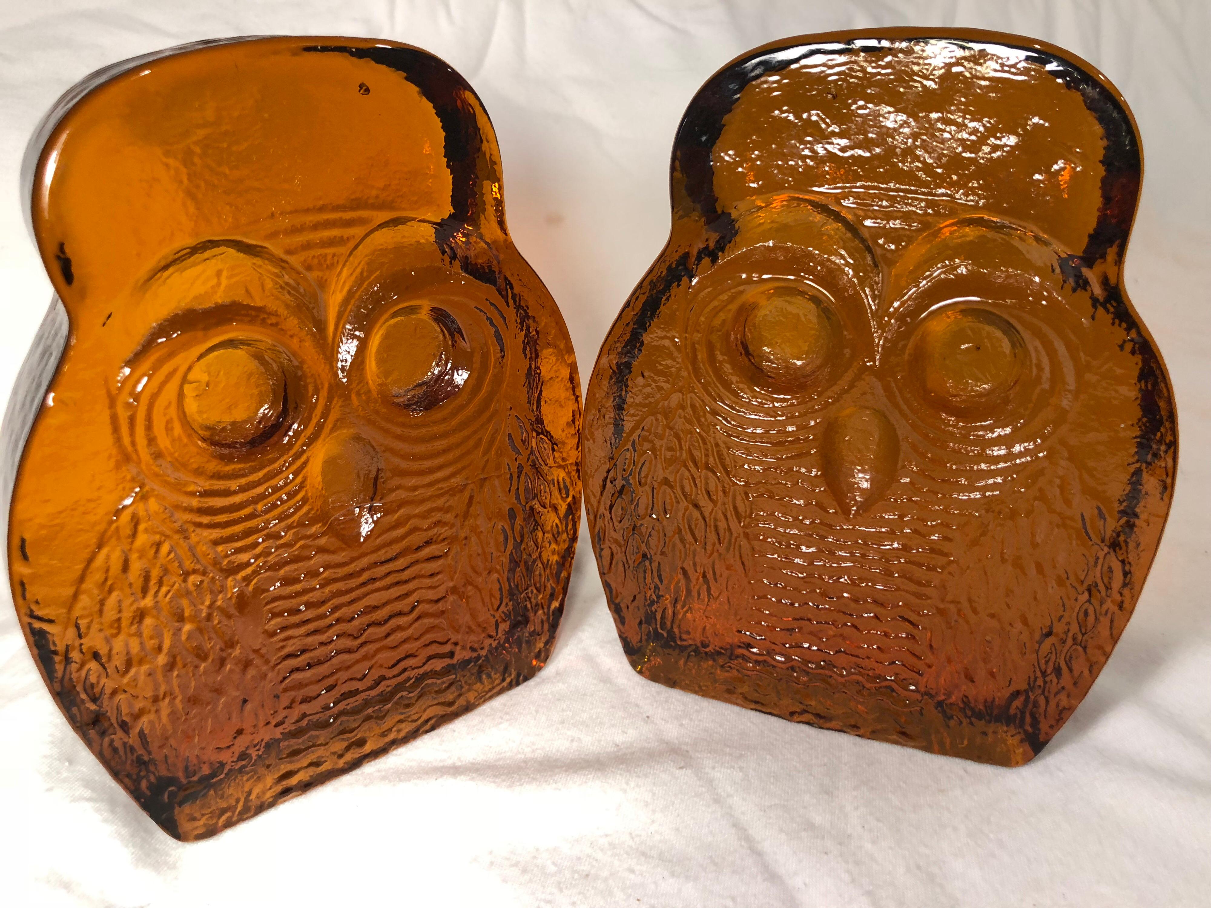 Pair of Amber Blenko Glass Owl Bookends 10