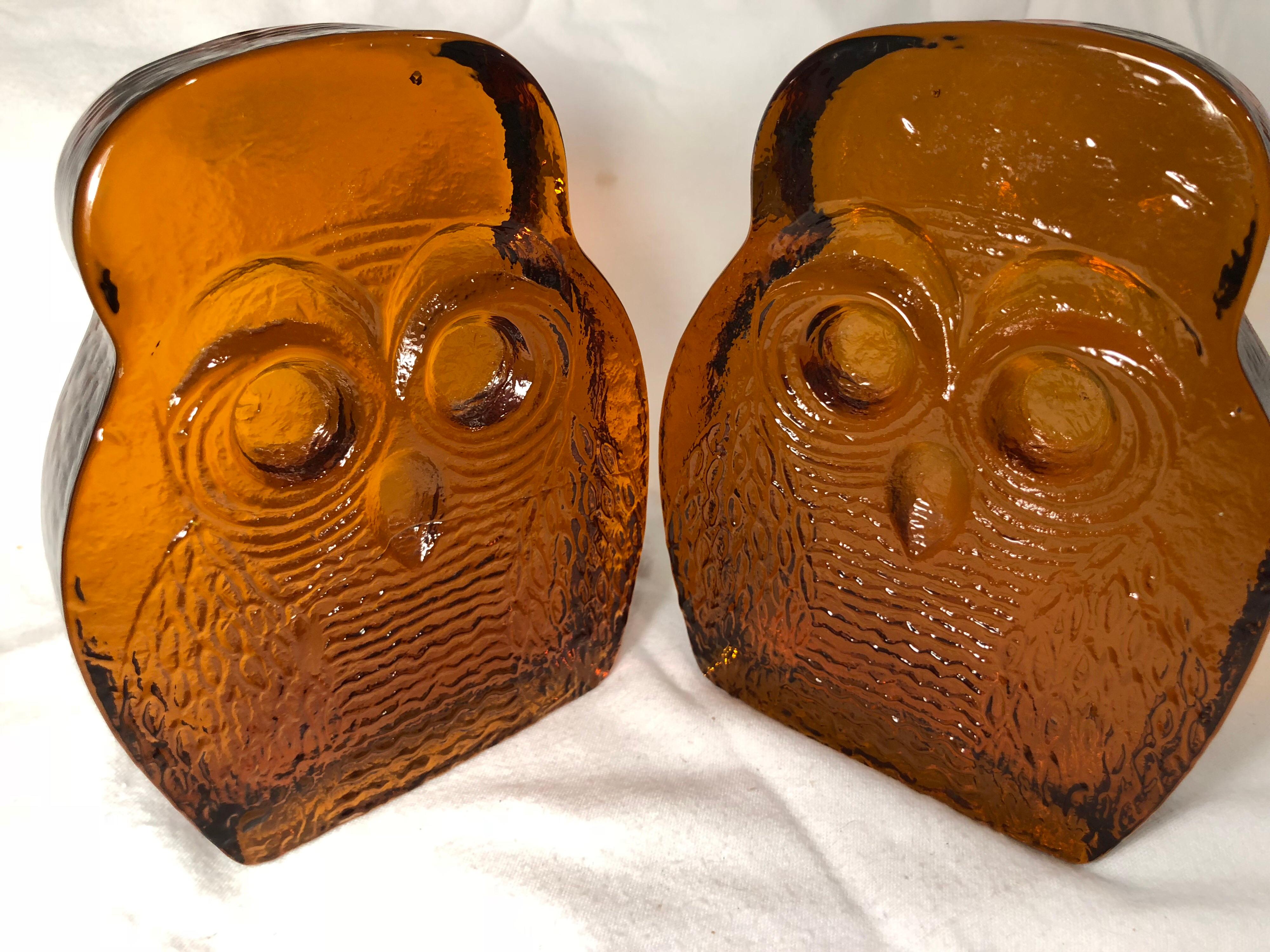 Pair of Amber Blenko Glass Owl Bookends 11