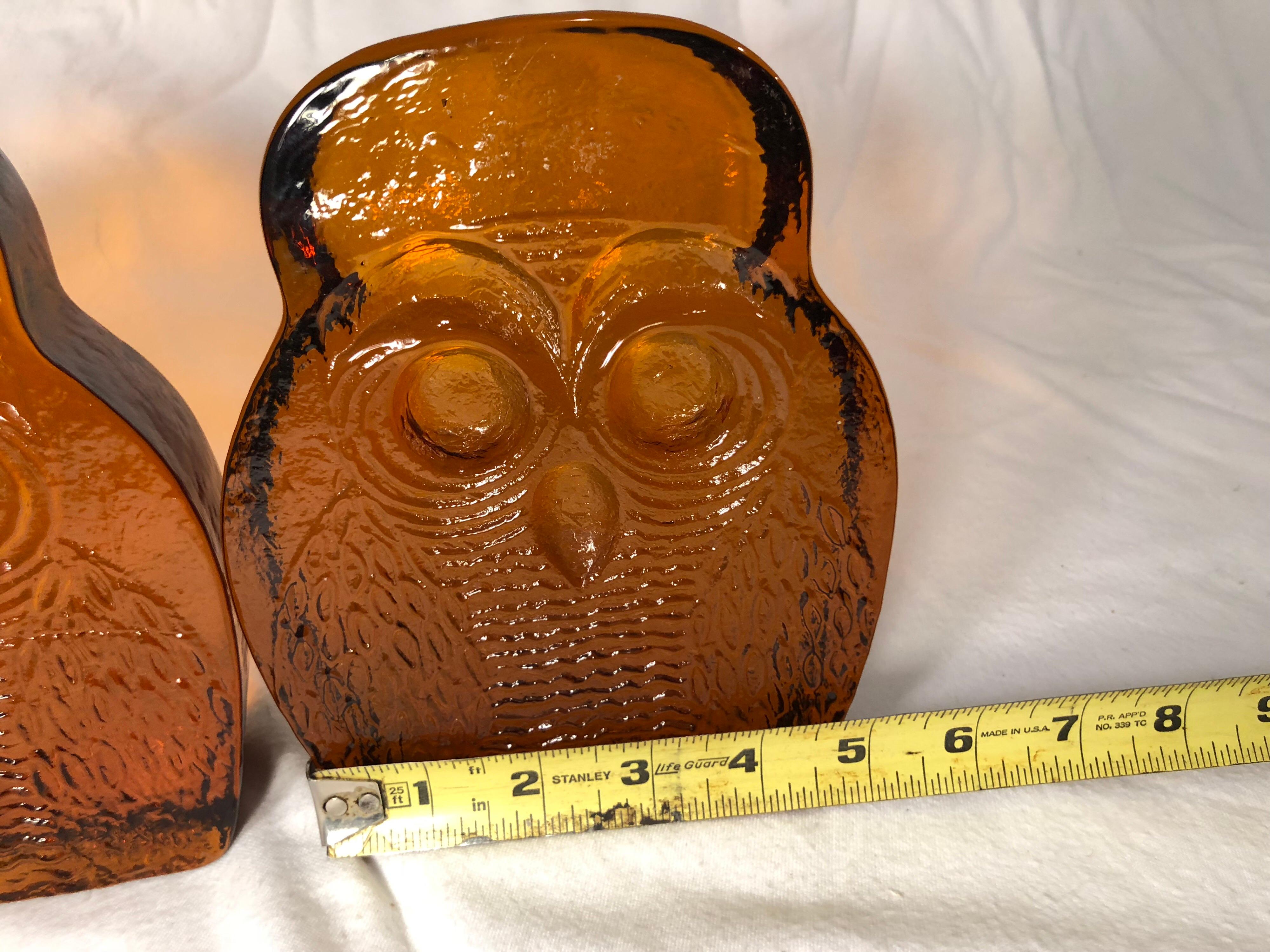 Mid-Century Modern Pair of Amber Blenko Glass Owl Bookends