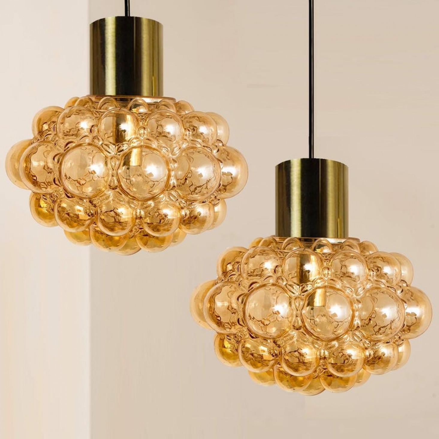 Pair of Amber Bubble Glass Pendant Lamps by Helena Tynell, 1960 3