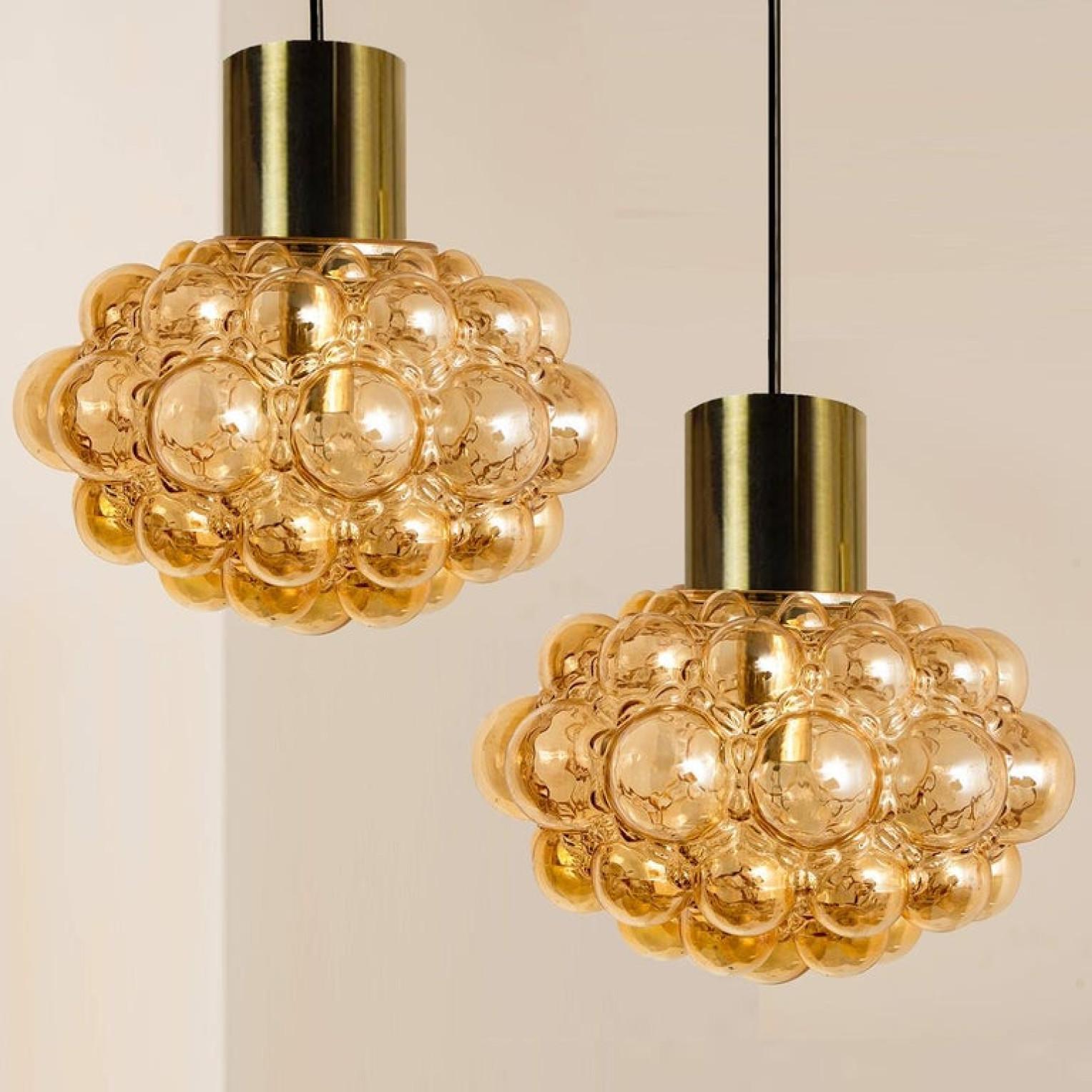 Pair of Amber Bubble Glass Pendant Lamps by Helena Tynell, 1960 4