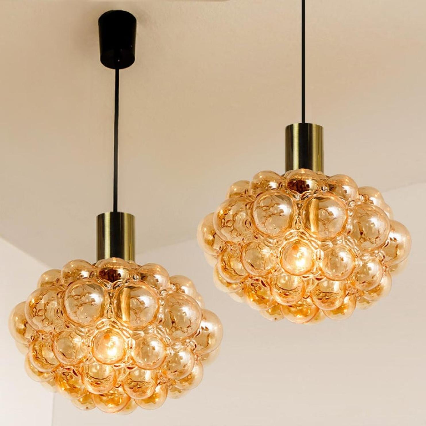 Pair of Amber Bubble Glass Pendant Lamps by Helena Tynell, 1960 5