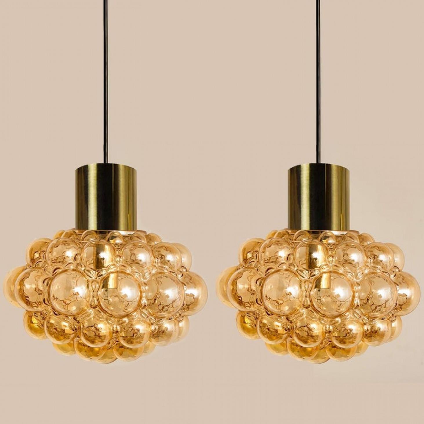 German Pair of Amber Bubble Glass Pendant Lamps by Helena Tynell, 1960