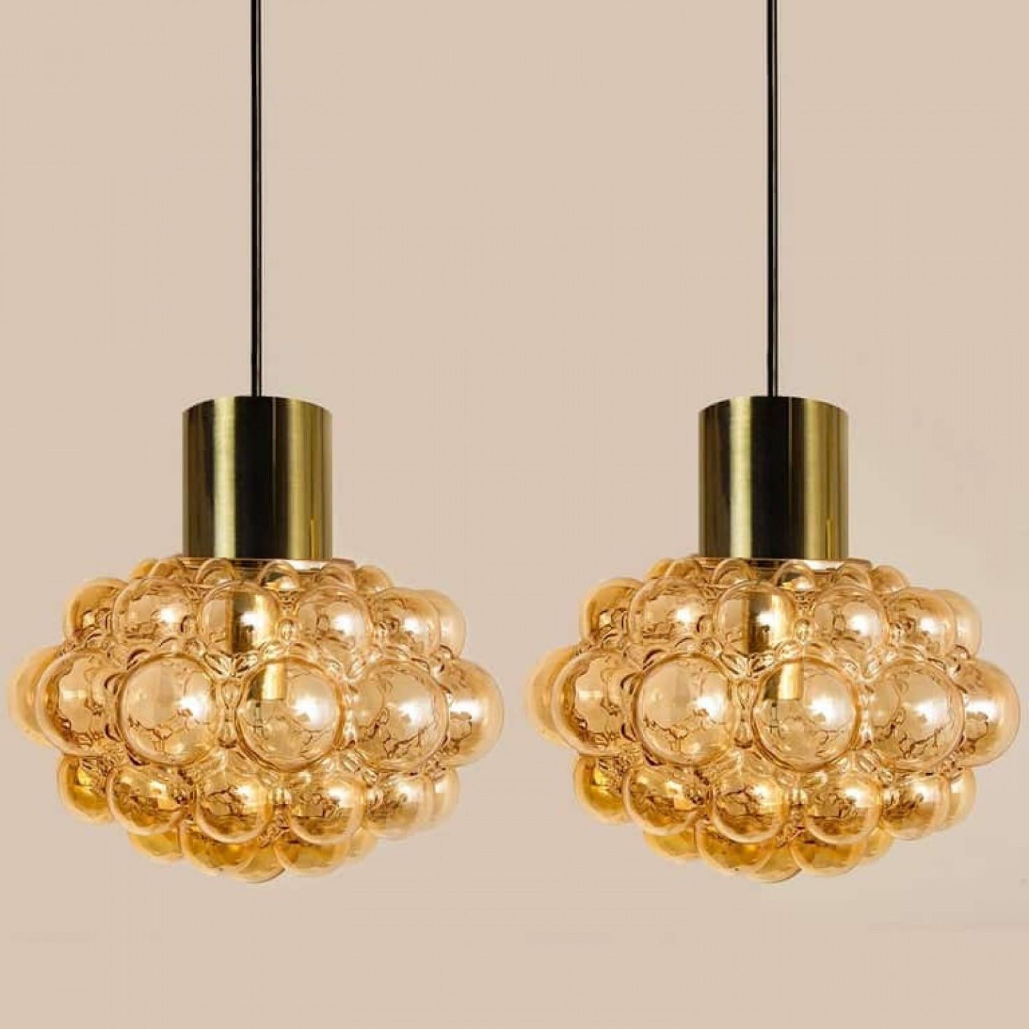 German Pair of Amber Bubble Glass Pendant Lamps by Helena Tynell, 1960 For Sale