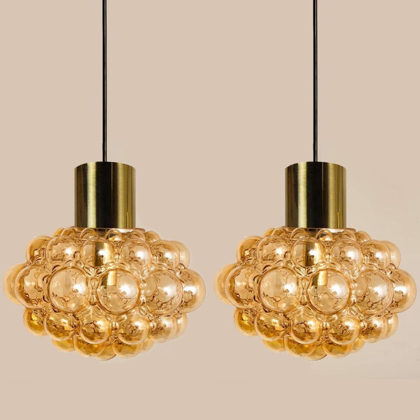 Other Pair of Amber Bubble Glass Pendant Lamps by Helena Tynell, 1960