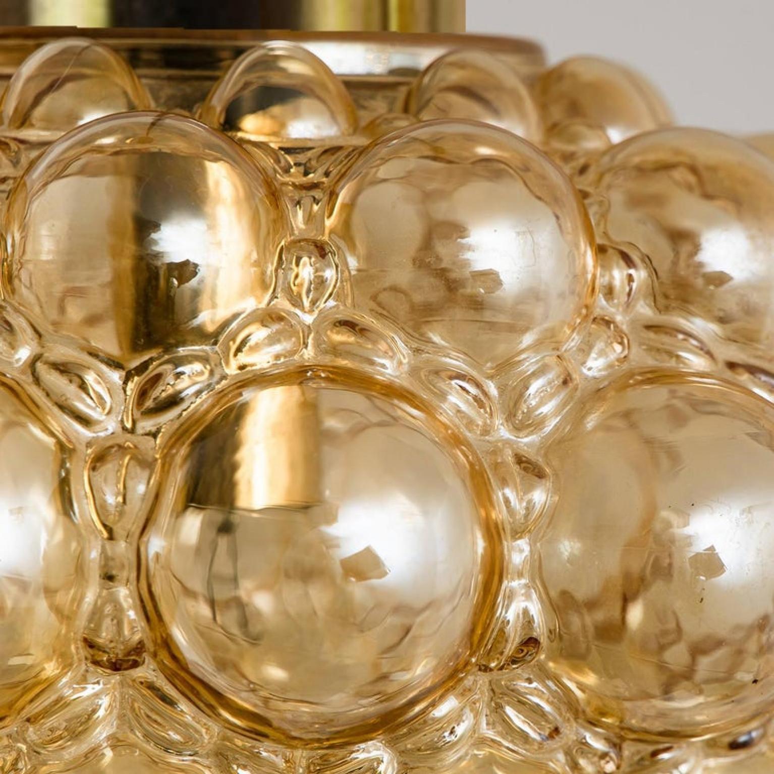 Brass Pair of Amber Bubble Glass Pendant Lamps by Helena Tynell, 1960