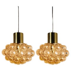 Pair of Amber Bubble Glass Pendant Lamps by Helena Tynell, 1960