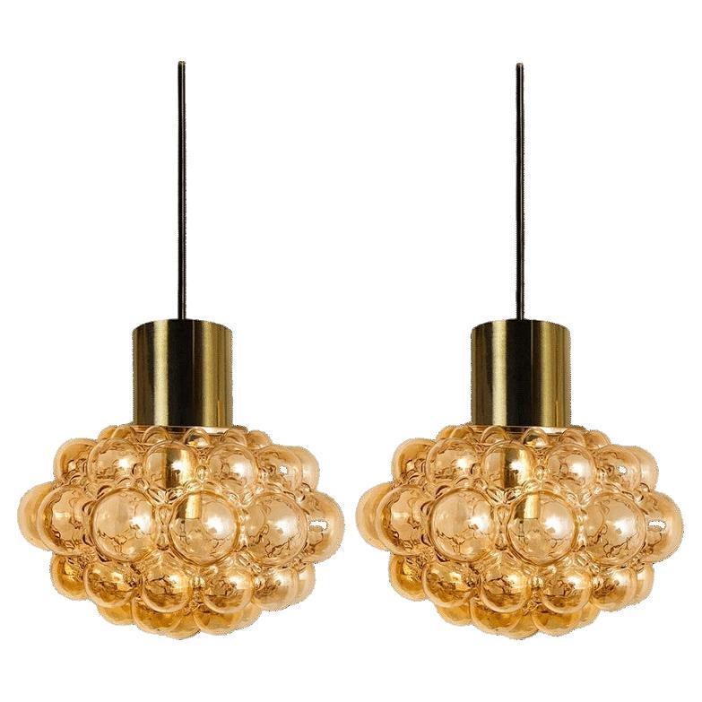 Pair of Amber Bubble Glass Pendant Lamps by Helena Tynell, 1960