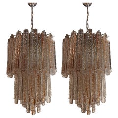 Pair of Amber/Clear Murano Glass Planks Chandeliers by Mazzega. Italy, 1960's.