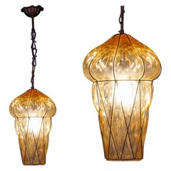 Pair of Amber Color Murano Glass Pendants or Lanterns, 1970's