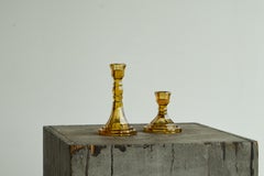 Pair of Amber Colored Art Deco Candle Holders in Pressed Glass 1930s