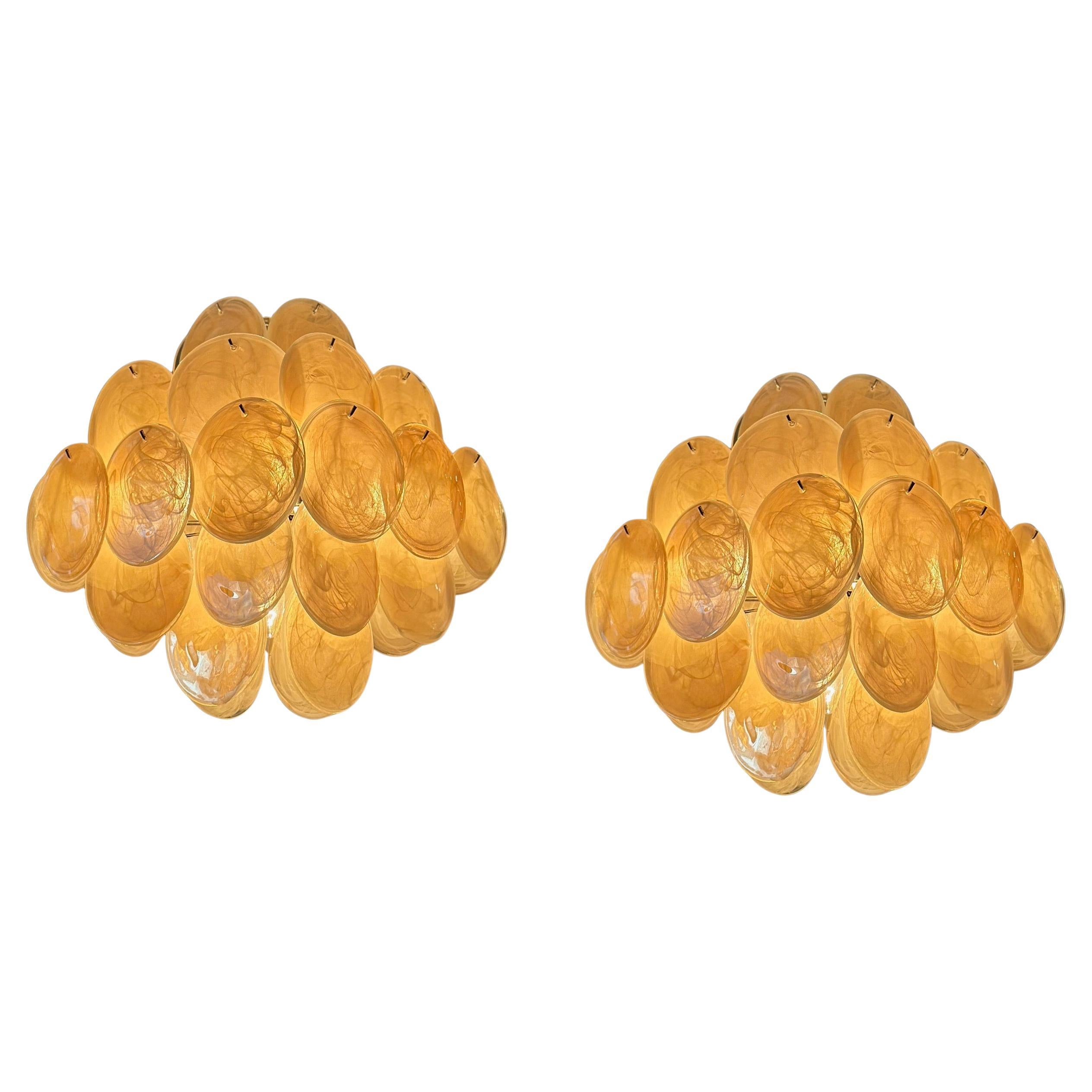 Pair of Amber Colored Murano Disc Chandelier in the Style of Vistosi. For Sale