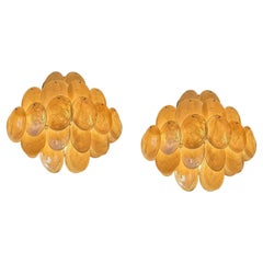 Pair of Amber Colored Murano Disc Chandelier in the Style of Vistosi.