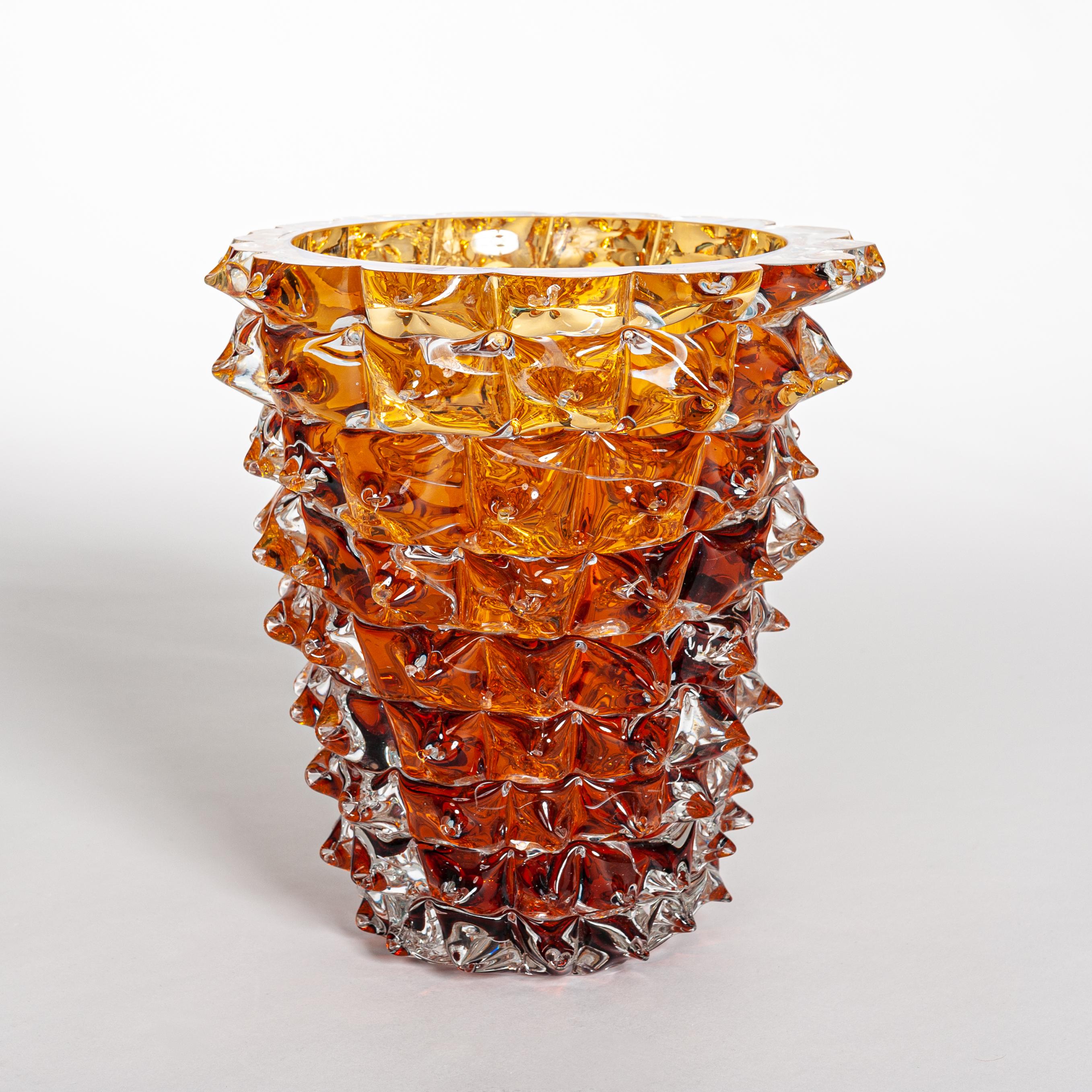 Pair of Amber Colored Vases in Murano Glass with Spikes Decor, Signed Costantini 3