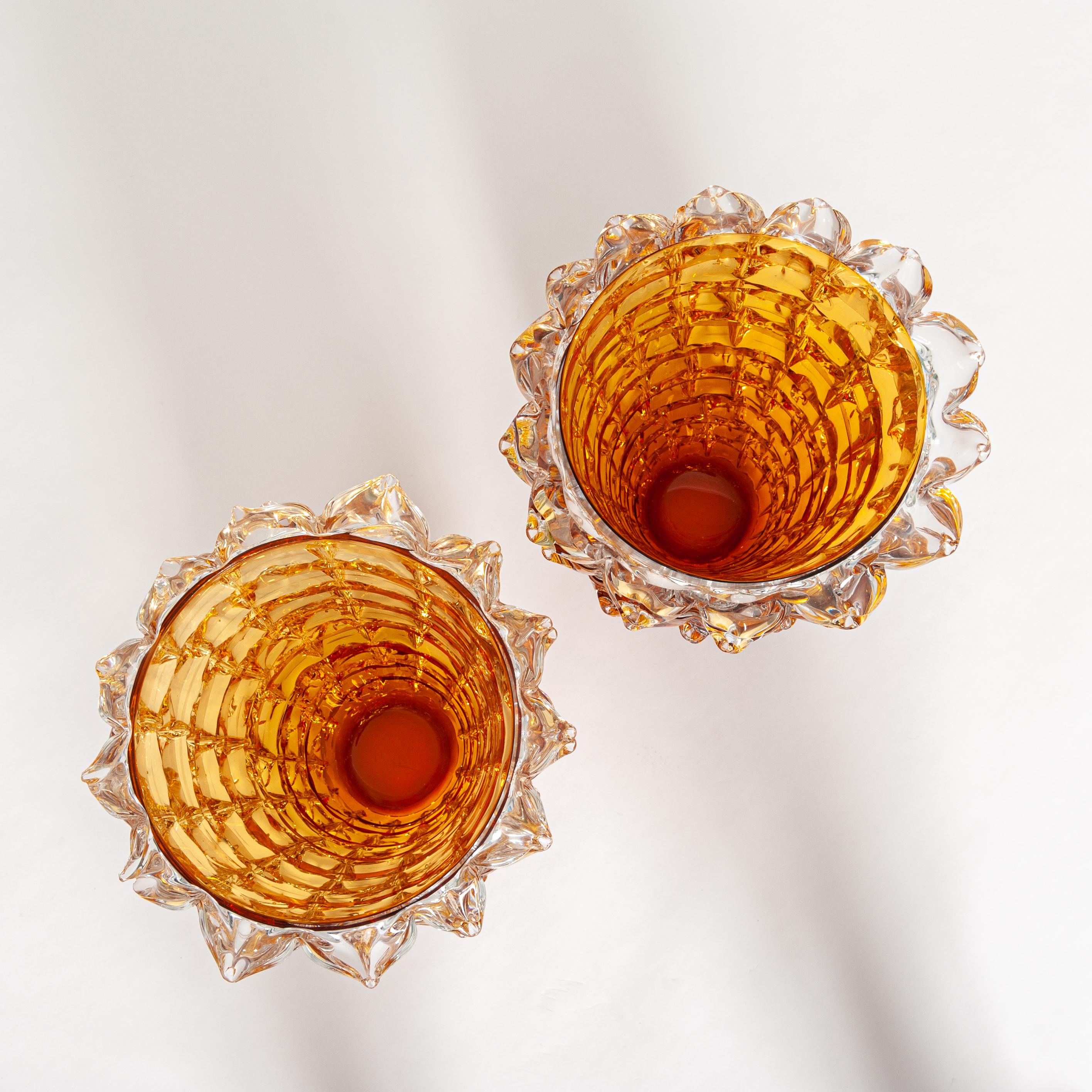 Pair of Amber Colored Vases in Murano Glass with Spikes Decor, Signed Costantini 5