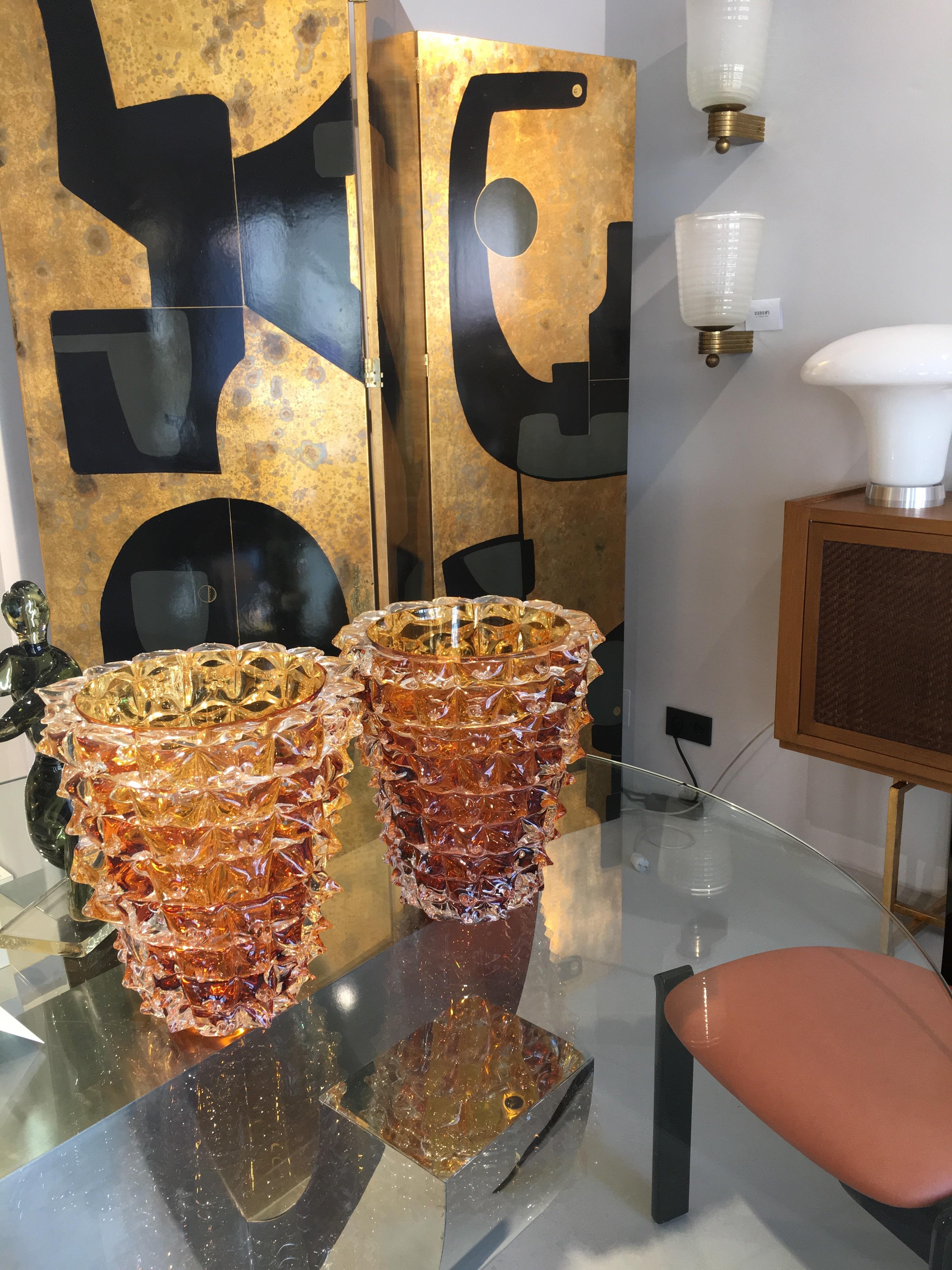 Pair of Amber Colored Vases in Murano Glass with Spikes Decor, Signed Costantini 6
