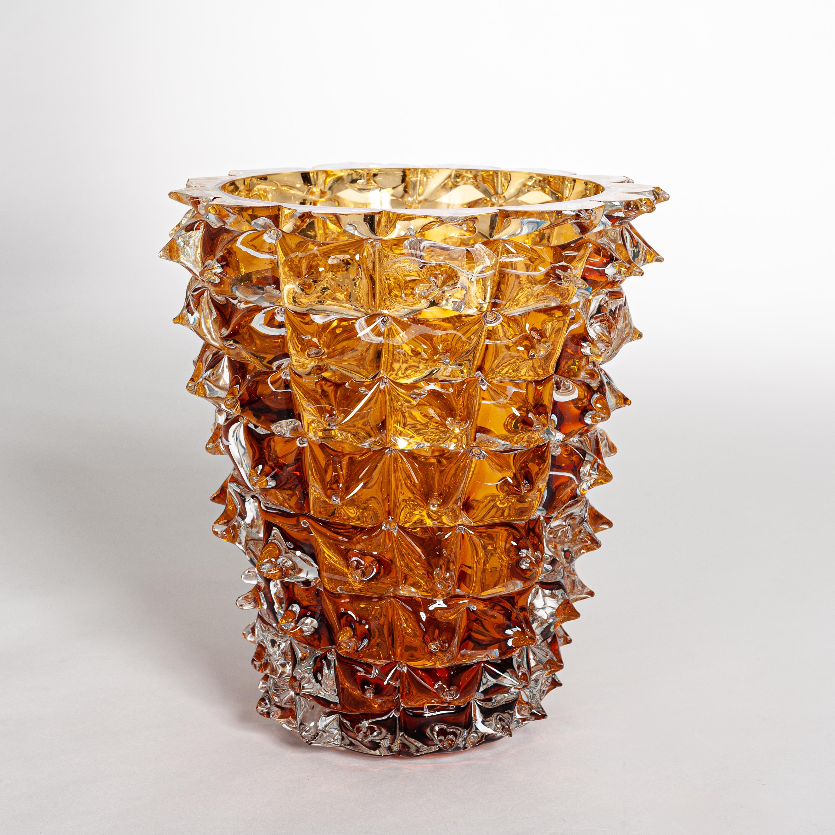 Pair of Amber Colored Vases in Murano Glass with Spikes Decor, Signed Costantini 1