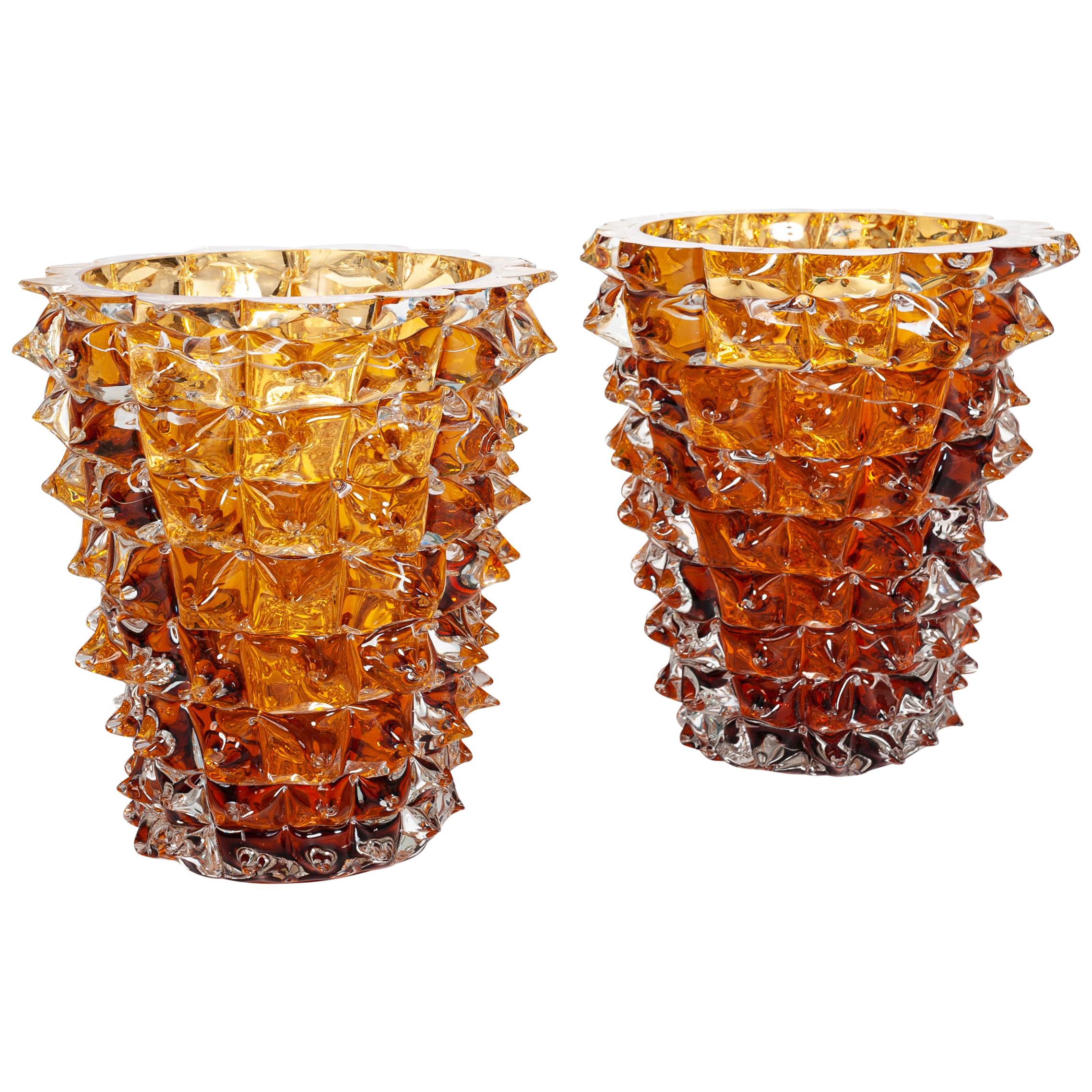 Pair of Amber Colored Vases in Murano Glass with Spikes Decor, Signed Costantini