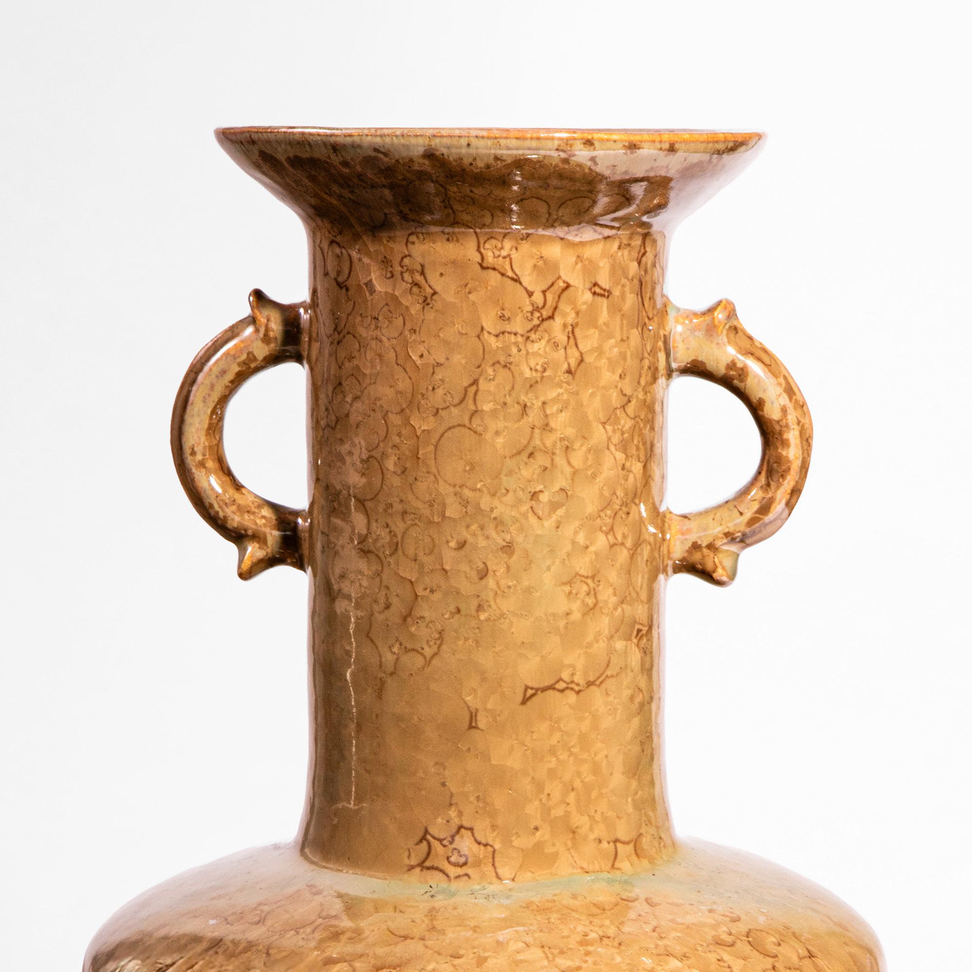 Paar bernsteinfarbene, kristallin glasierte Tischlampen (Keramik) im Angebot