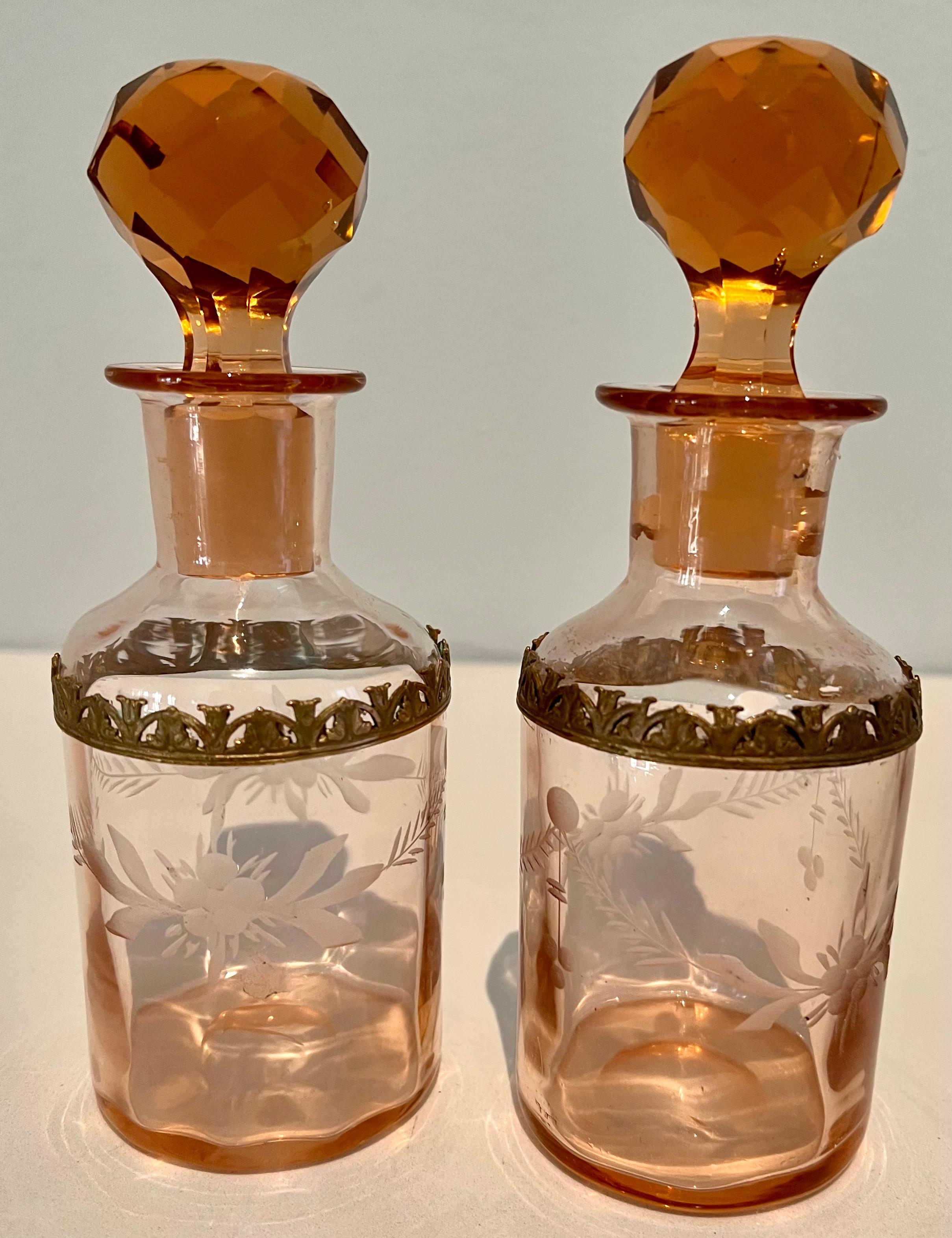 Glass Pair of Amber Cut Crystal Art Deco Perfume or Display Decanters