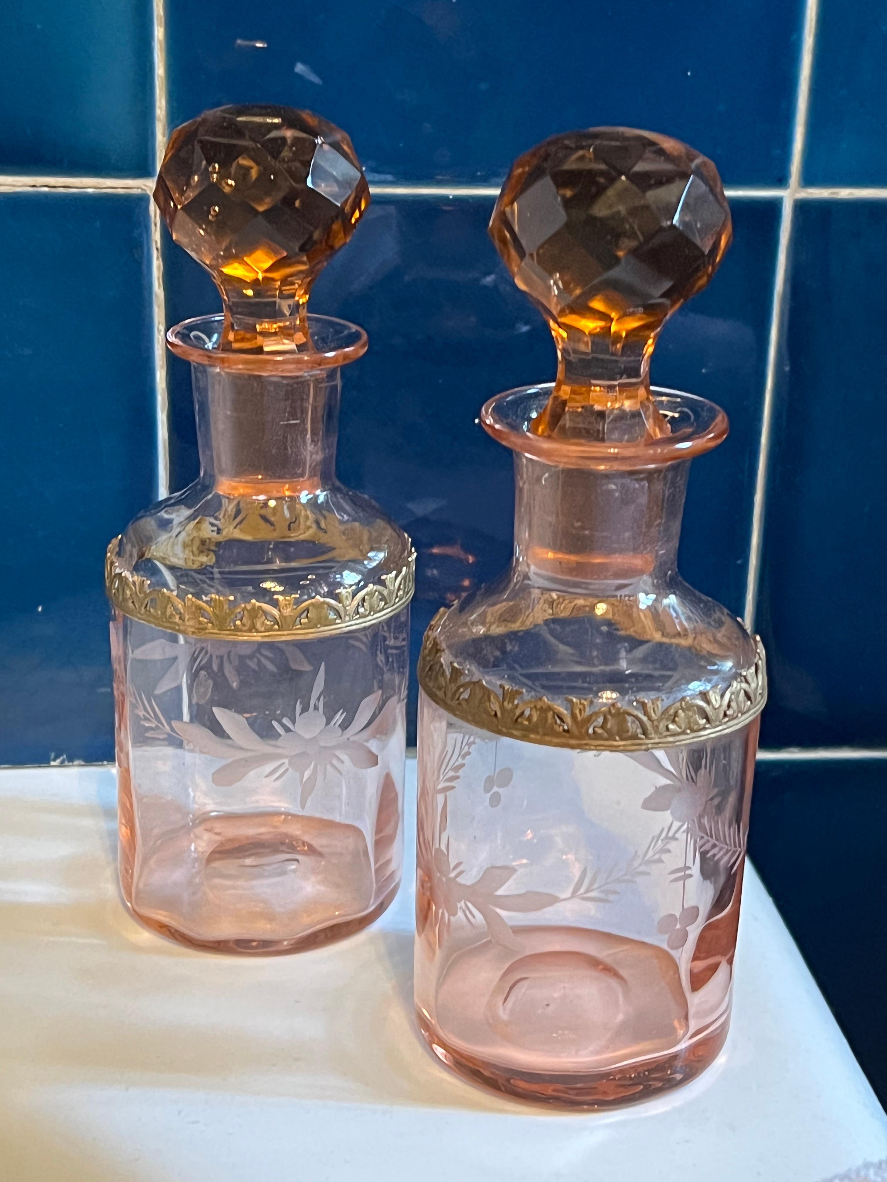 Pair of Amber Cut Crystal Art Deco Perfume or Display Decanters 1
