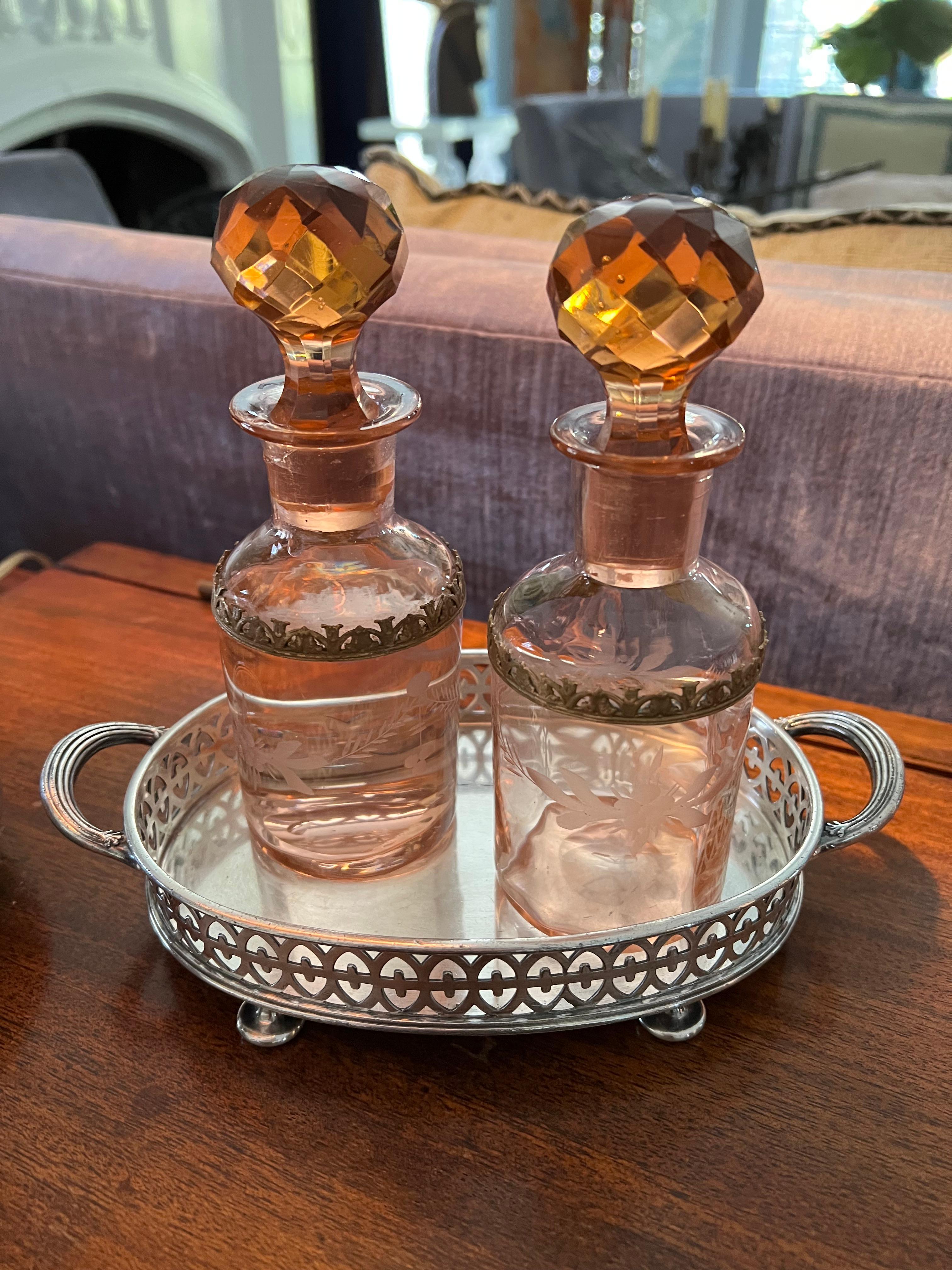 Pair of Amber Cut Crystal Art Deco Perfume or Display Decanters 2