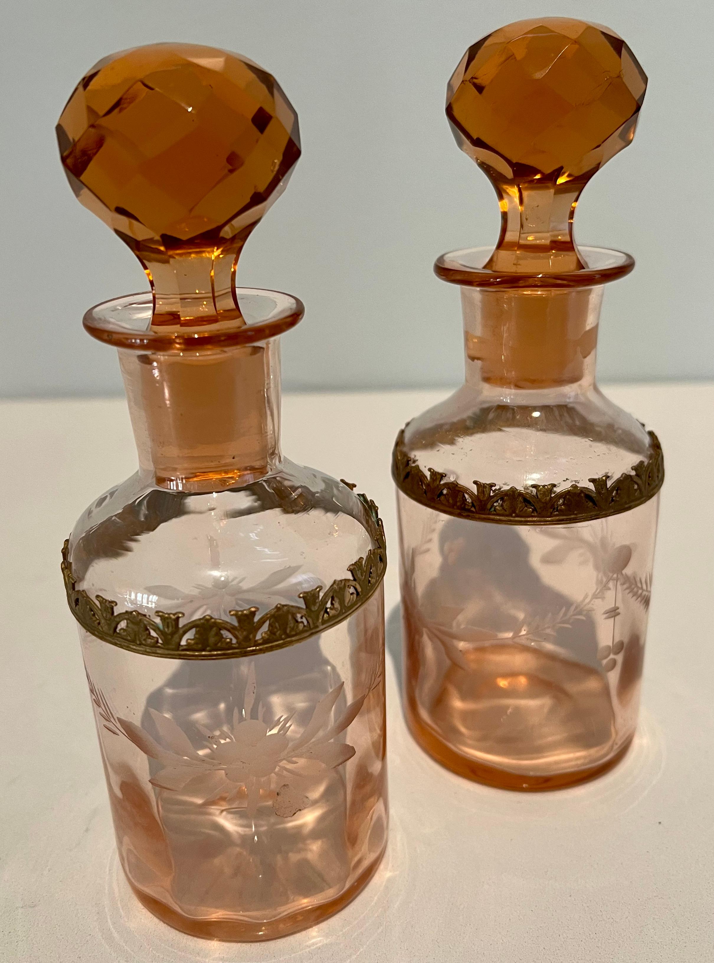 European Pair of Amber Cut Crystal Art Deco Perfume or Display Decanters