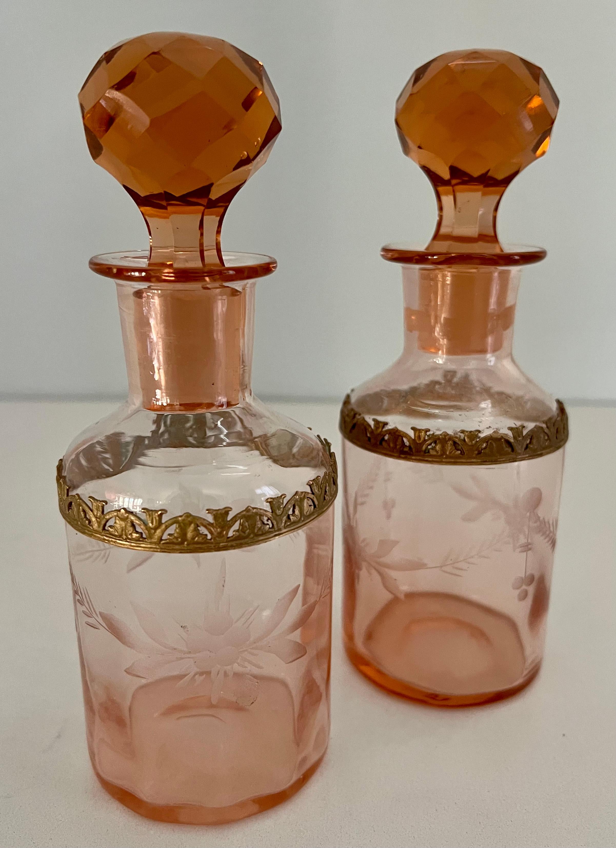 Hand-Crafted Pair of Amber Cut Crystal Art Deco Perfume or Display Decanters