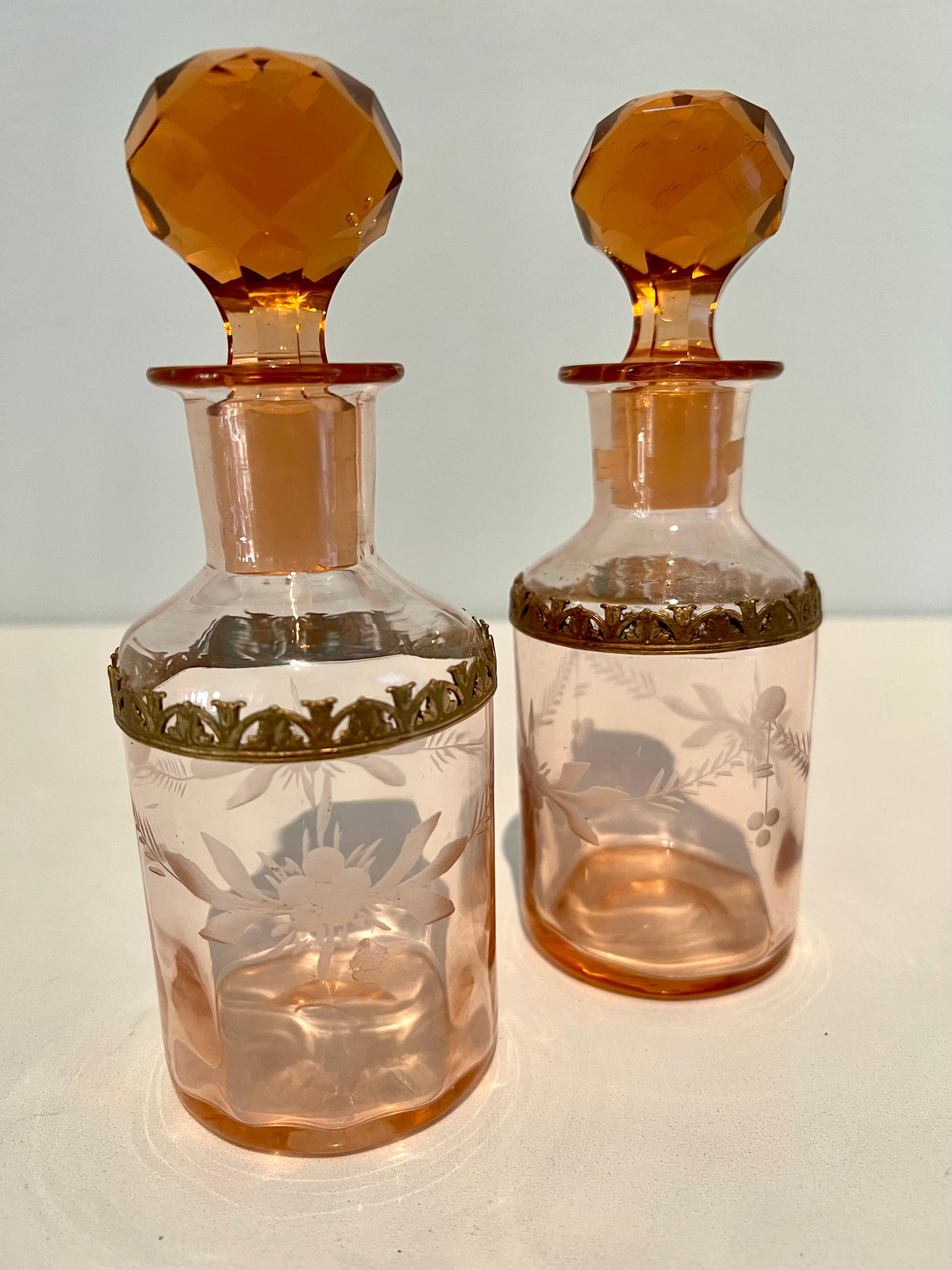 Pair of Amber Cut Crystal Art Deco Perfume or Display Decanters In Good Condition In Los Angeles, CA
