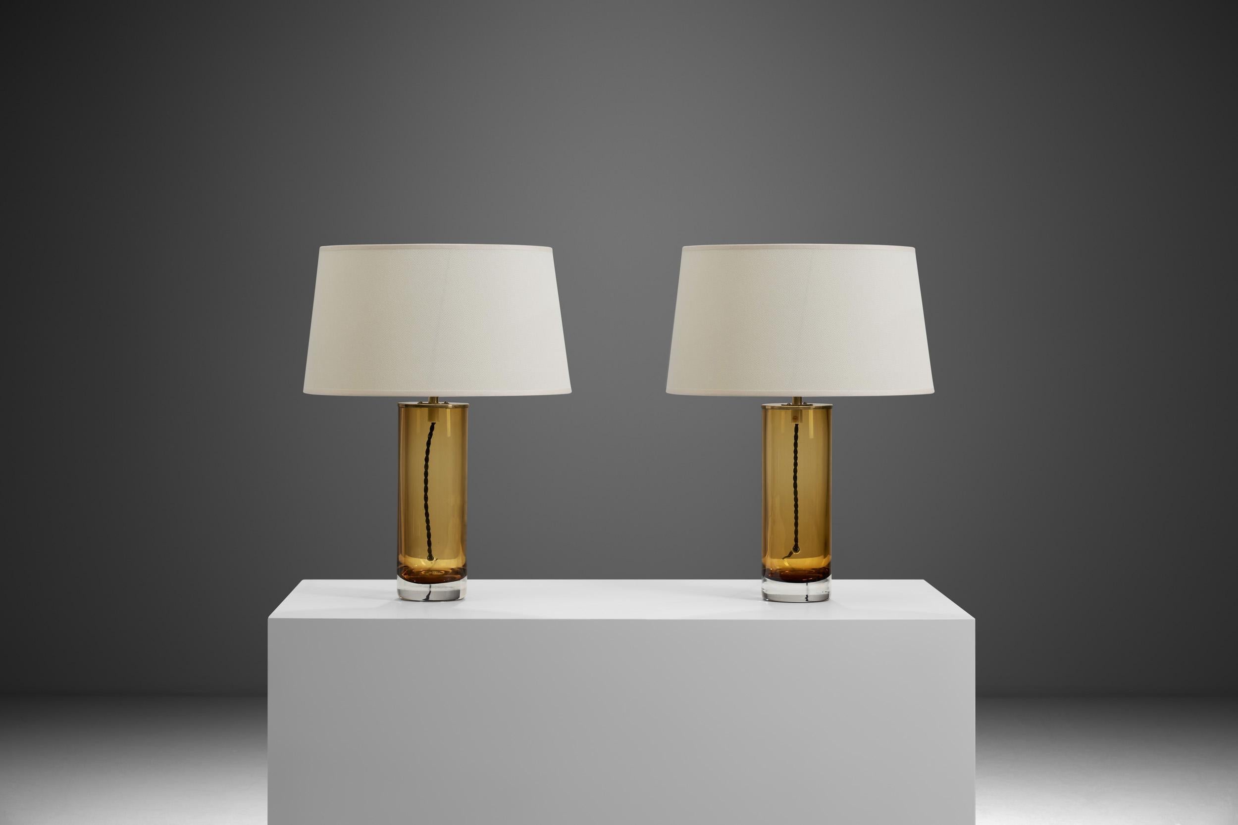Mid-Century Modern Pair of Amber Glass and Brass Table Lamps, Europe Mid-20th Century