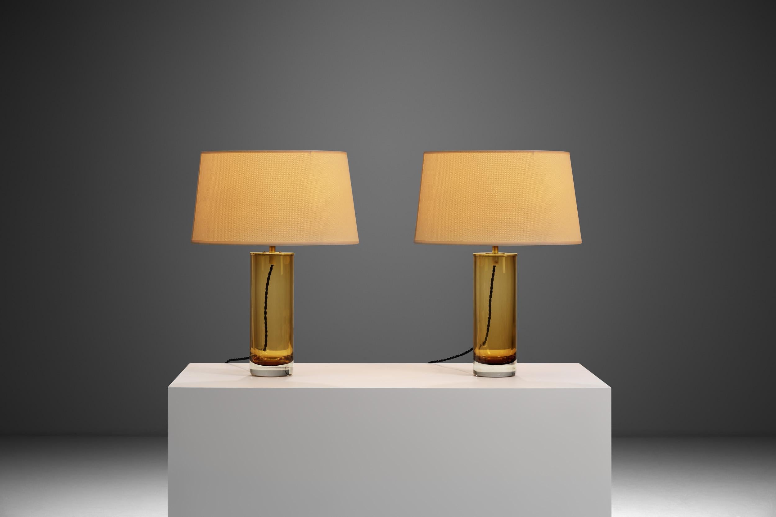 European Pair of Amber Glass and Brass Table Lamps, Europe Mid-20th Century