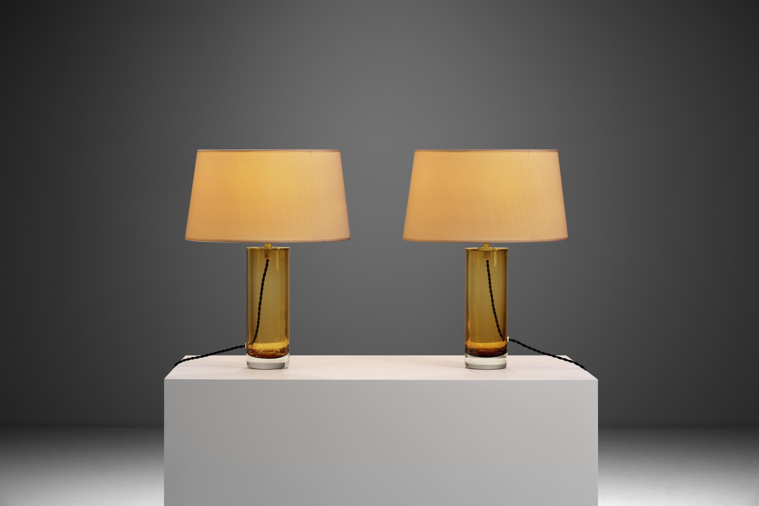 Fabric Pair of Amber Glass and Brass Table Lamps, Europe Mid-20th Century