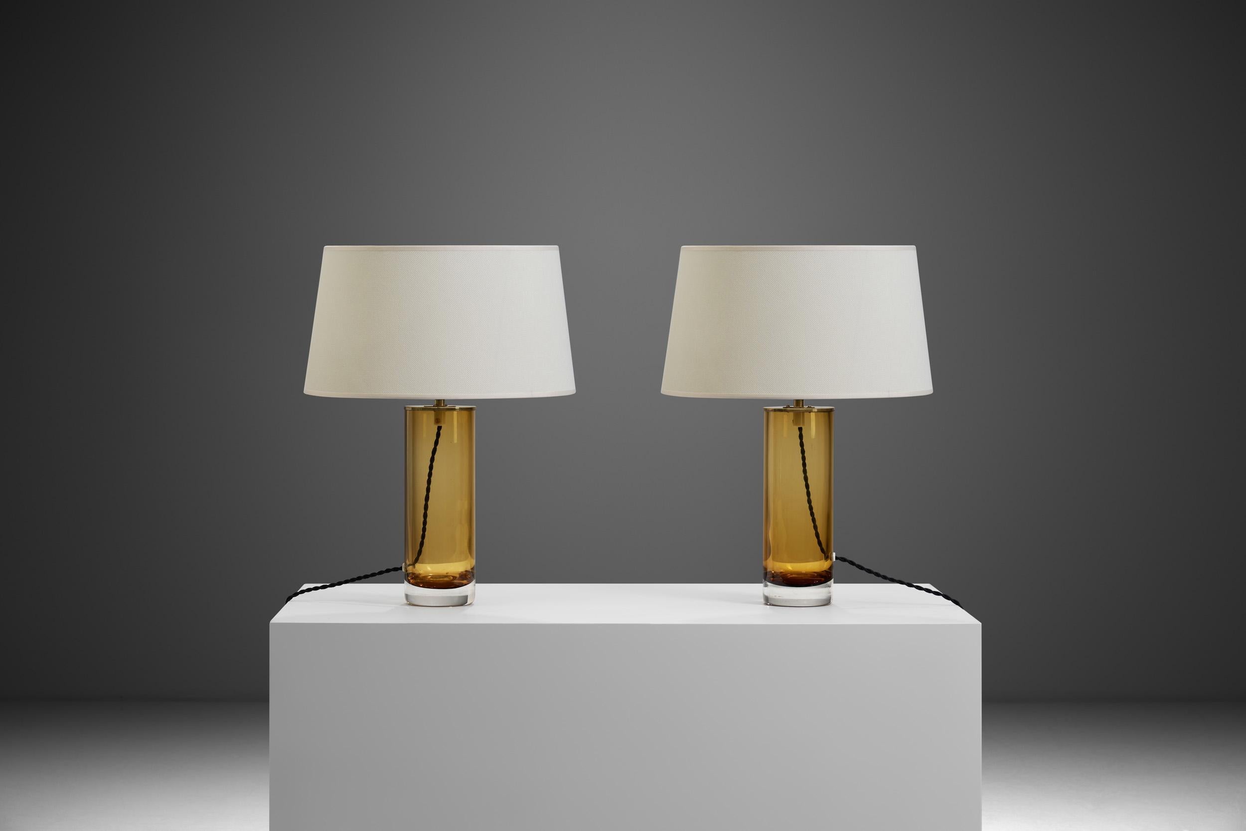 Pair of Amber Glass and Brass Table Lamps, Europe Mid-20th Century 1