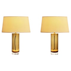 Pair of Amber Glass and Brass Table Lamps, Europe Mid-20th Century