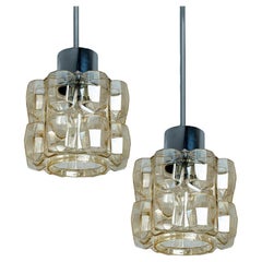 Pair of Amber Glass Chrome Pendants by Helena Tynell, 1960
