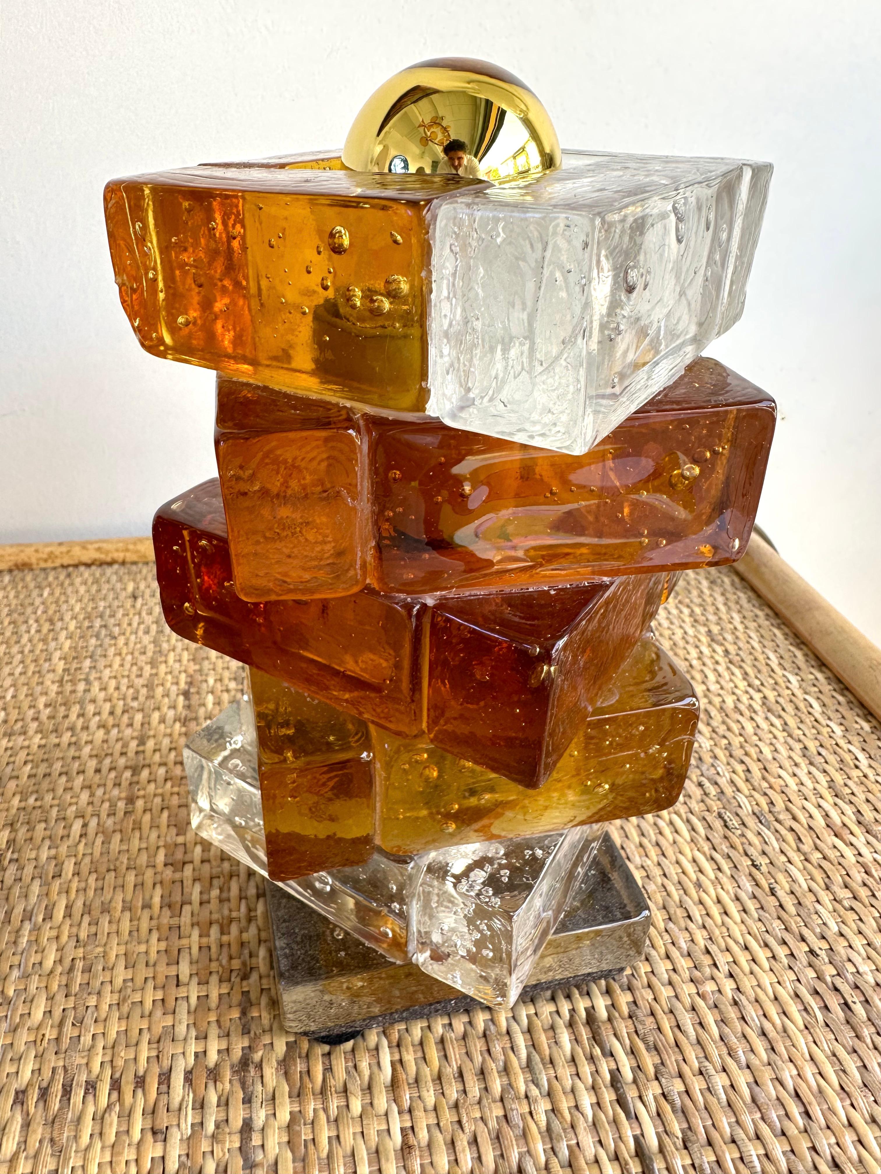 Pair of Amber Glass Cube Lamps by Poliarte, Italy, 1970s 3