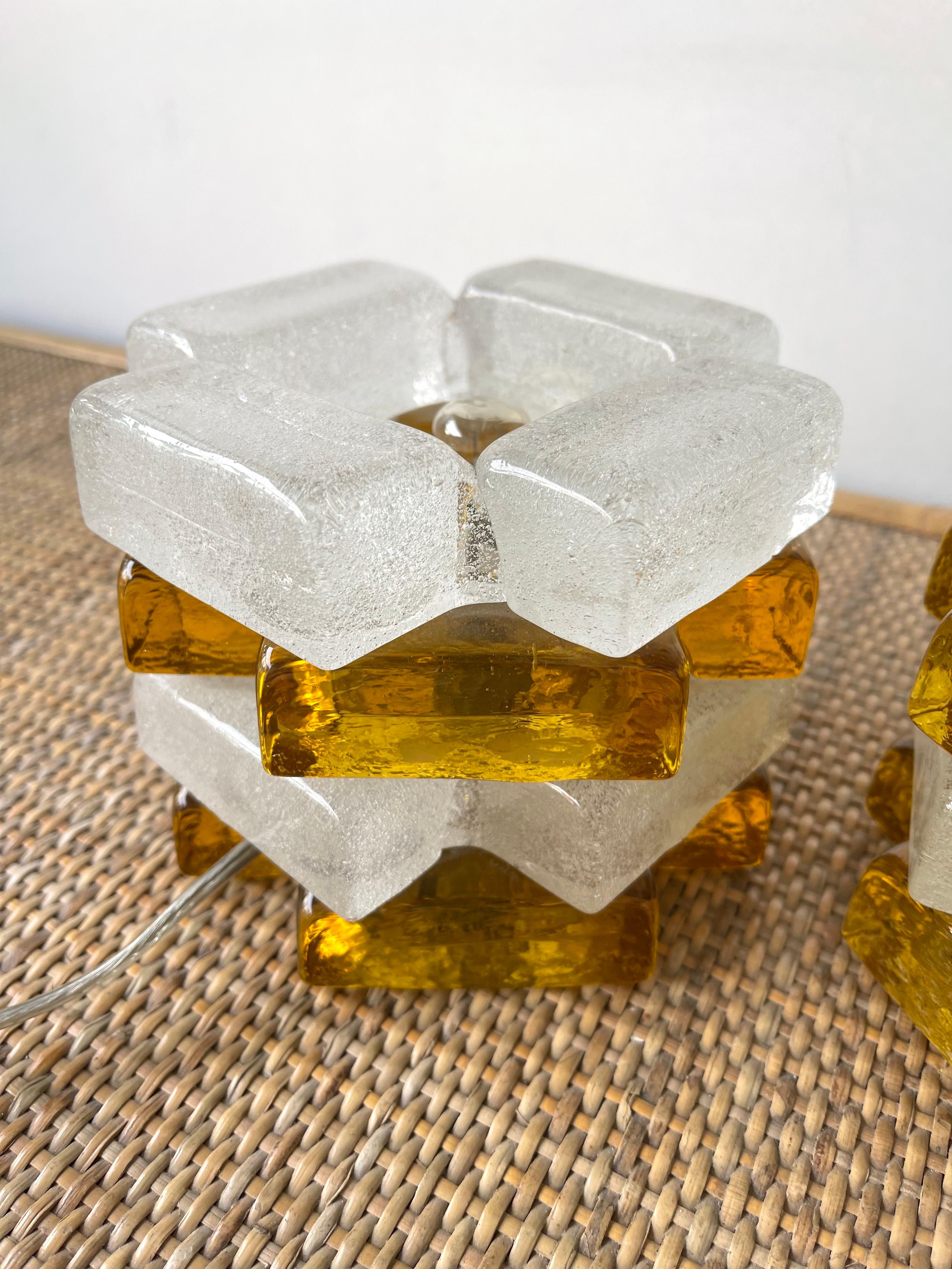 Pair of Amber Glass Cube Lamps by Poliarte, Italy, 1970s 4