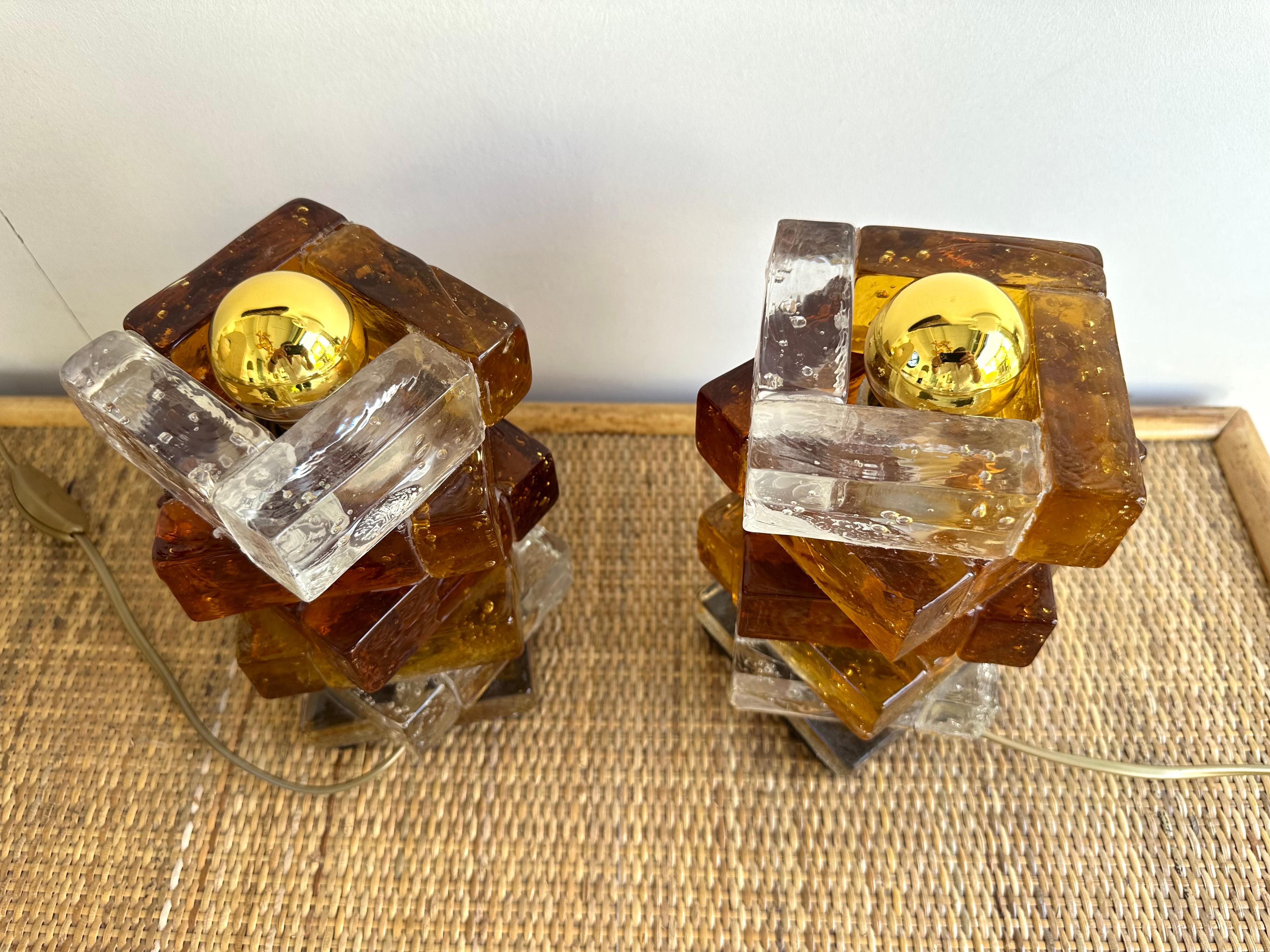 Pair of Amber Glass Cube Lamps by Poliarte, Italy, 1970s 4