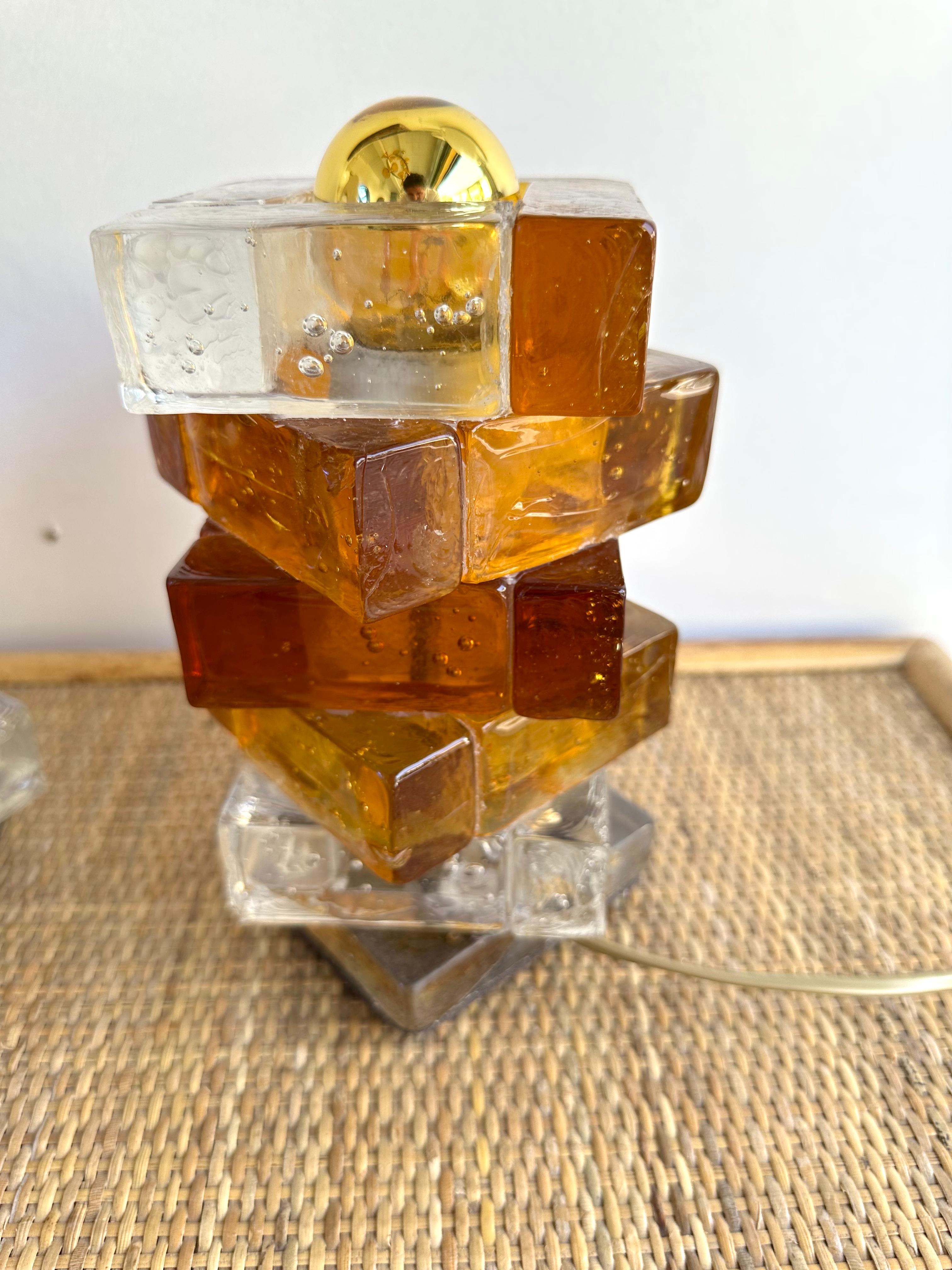 Pair of Amber Glass Cube Lamps by Poliarte, Italy, 1970s 5