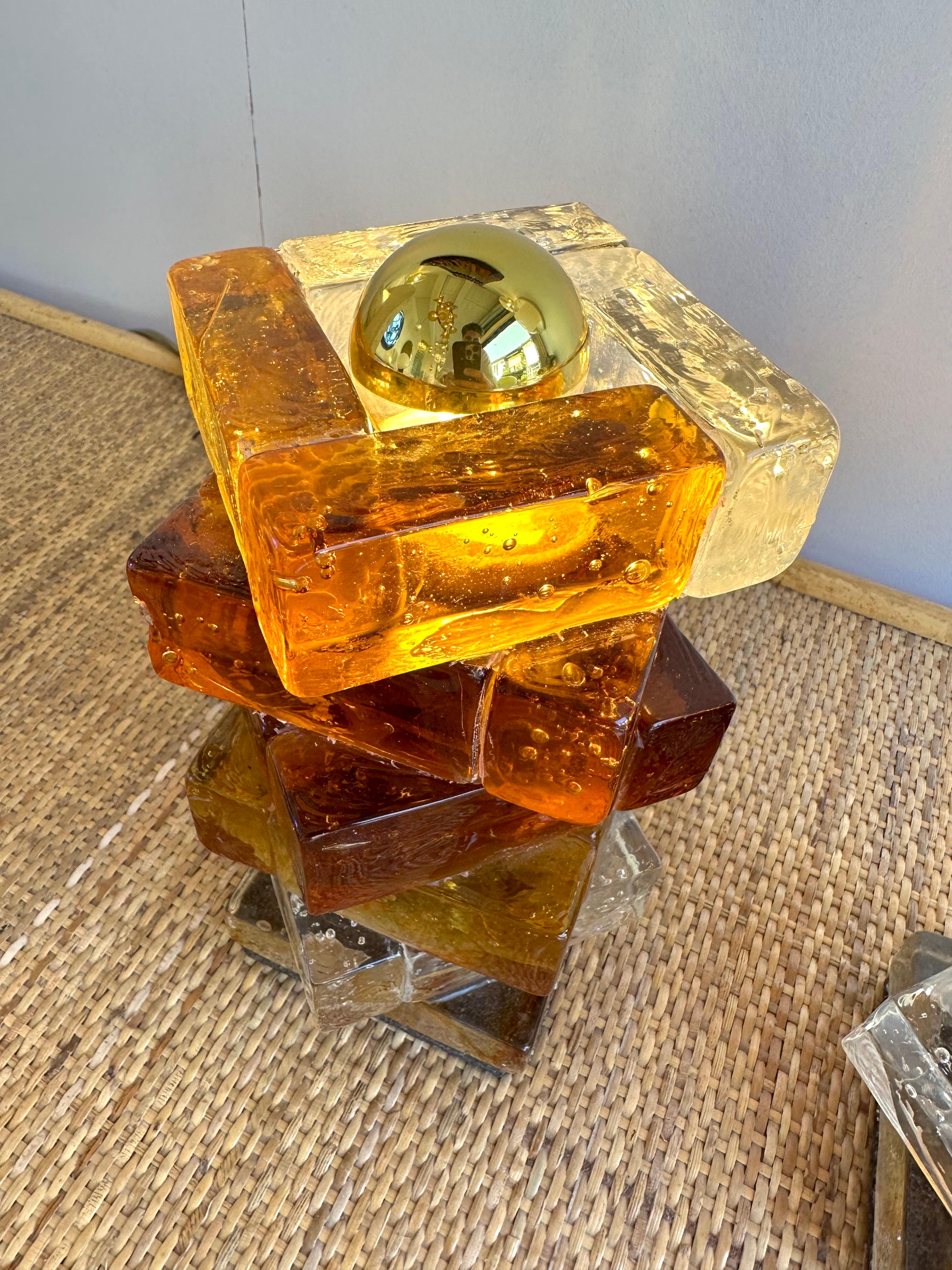Mid-Century Modern Pair of Amber Glass Cube Lamps by Poliarte, Italy, 1970s