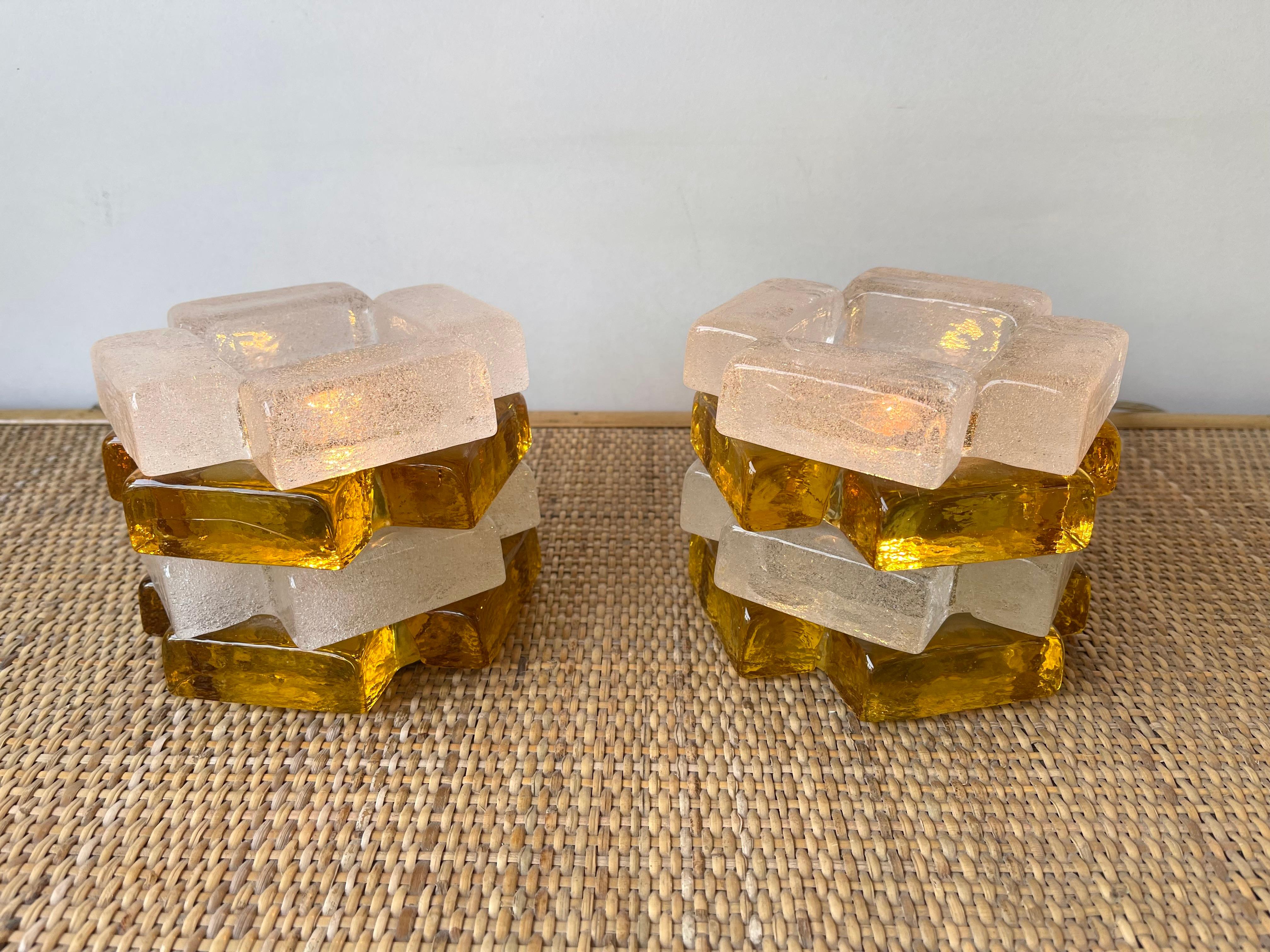 Pressed Pair of Amber Glass Cube Lamps by Poliarte, Italy, 1970s